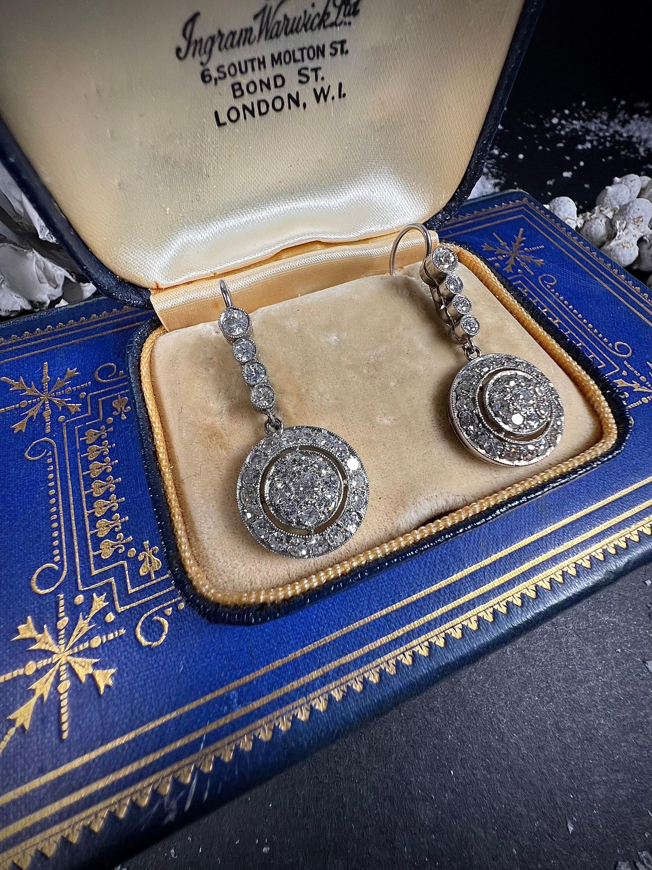 Antike Edwardianische Diamant-Tropfen-Ohrringe aus 18 Karat Gold & Platin mit Kreis im Angebot 1