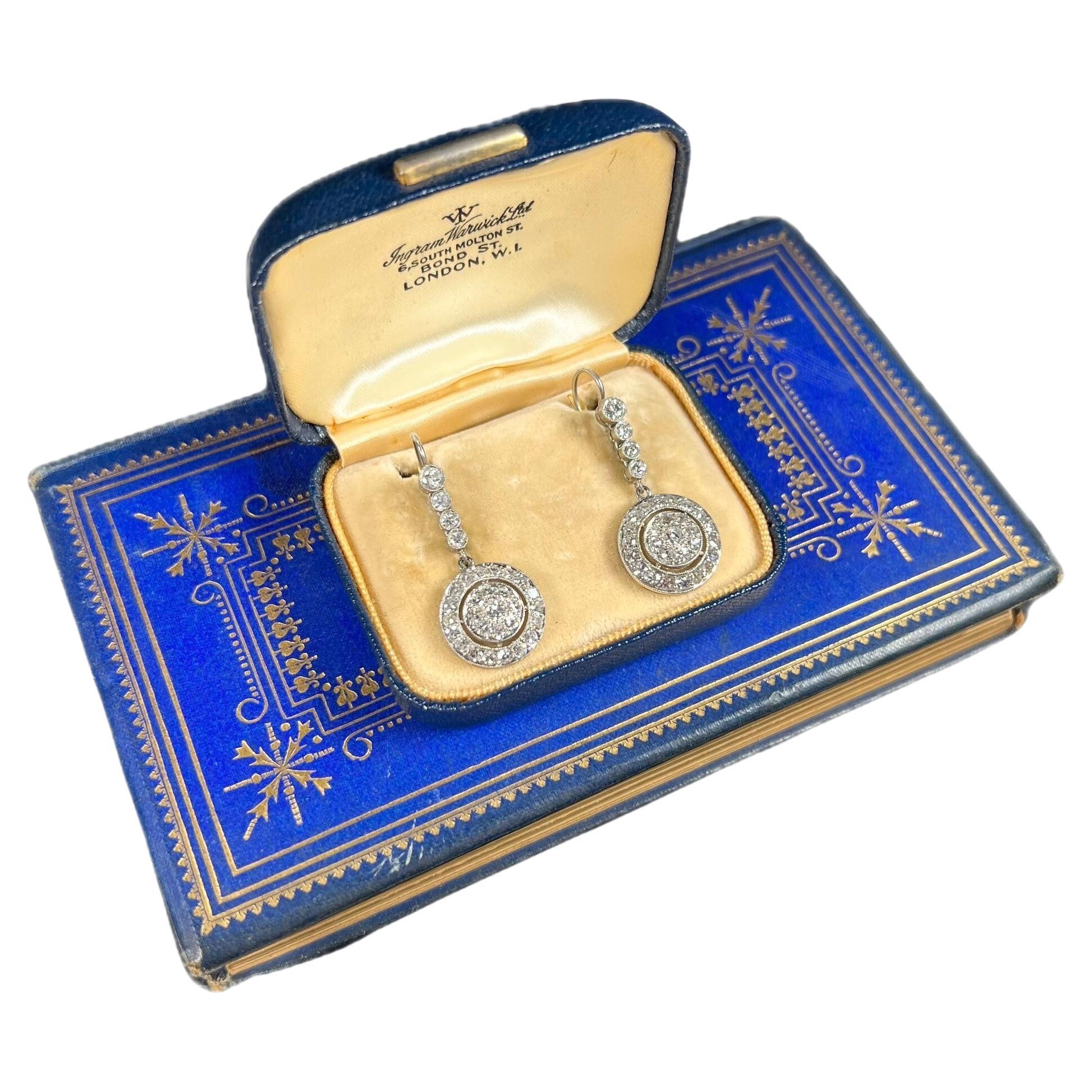 Antike Edwardianische Diamant-Tropfen-Ohrringe aus 18 Karat Gold & Platin mit Kreis im Angebot
