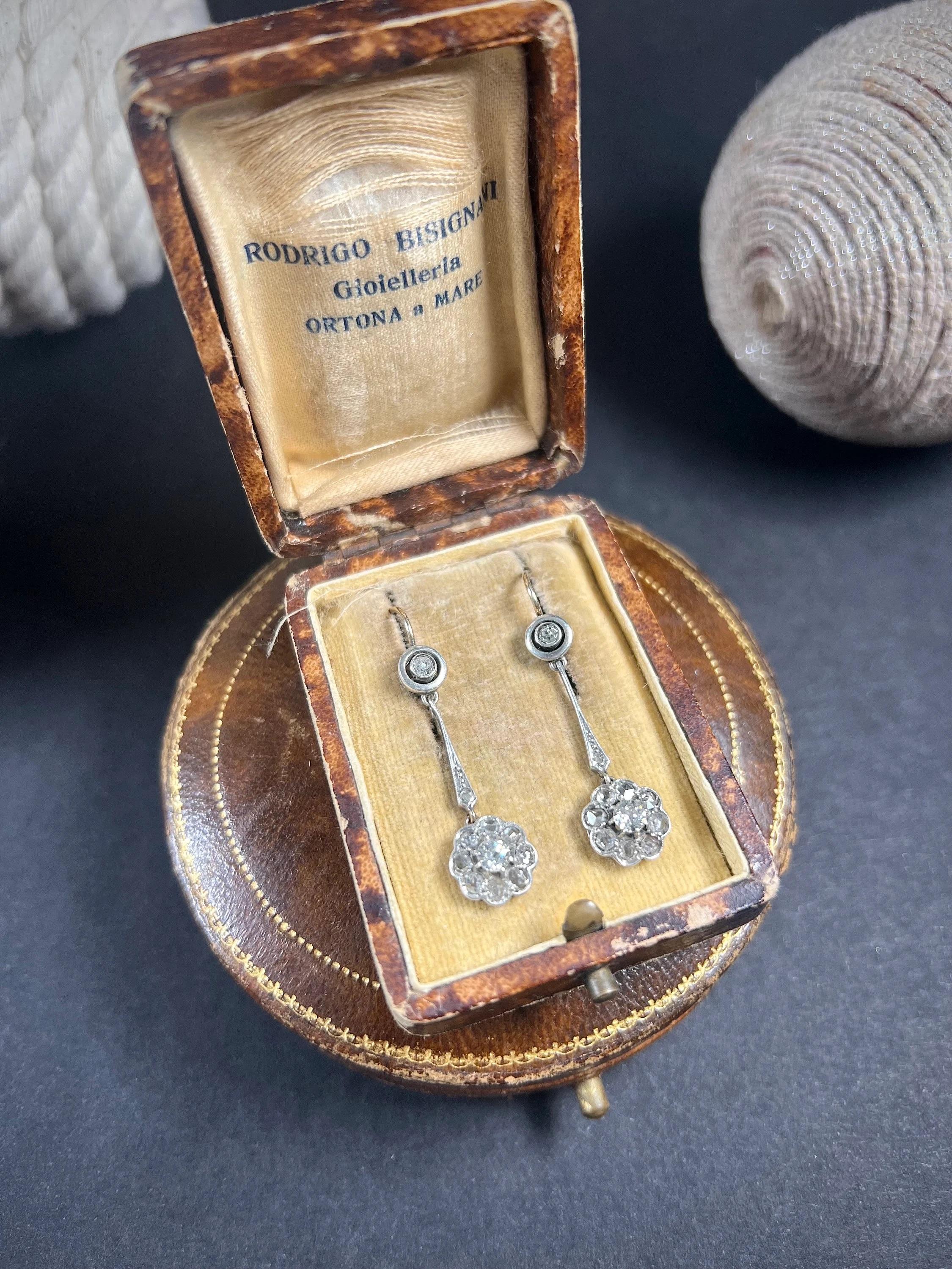 Antique 18ct Gold & Platinum, Edwardian Diamond Daisy Cluster Drop Earrings For Sale 5