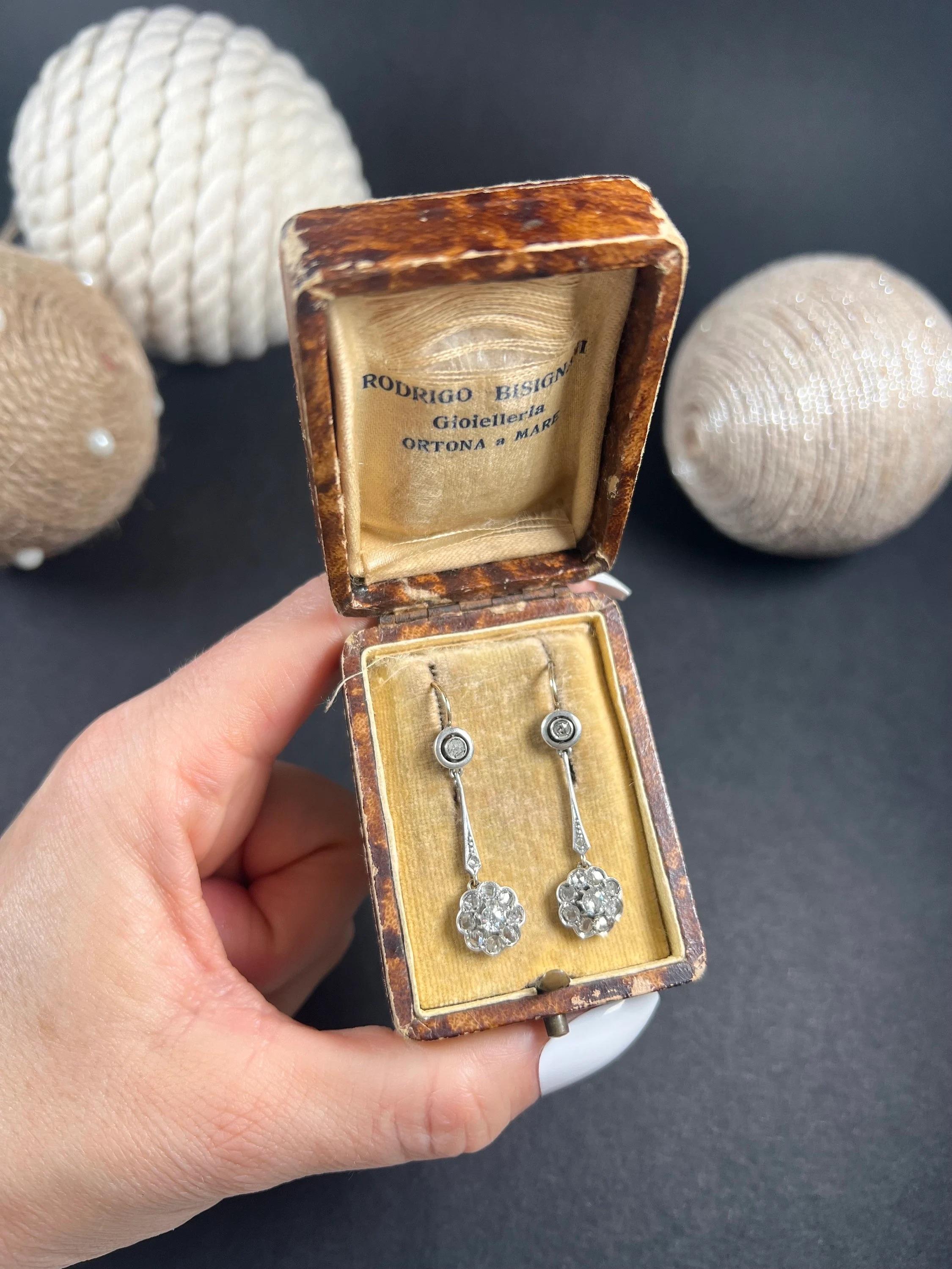 Antique 18ct Gold & Platinum, Edwardian Diamond Daisy Cluster Drop Earrings For Sale 6