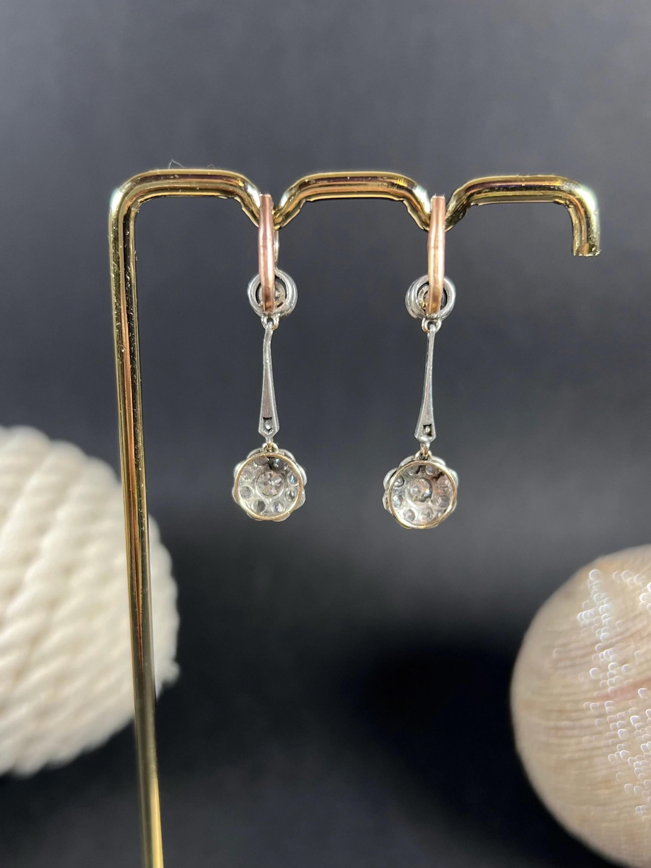 Mixed Cut Antique 18ct Gold & Platinum, Edwardian Diamond Daisy Cluster Drop Earrings For Sale