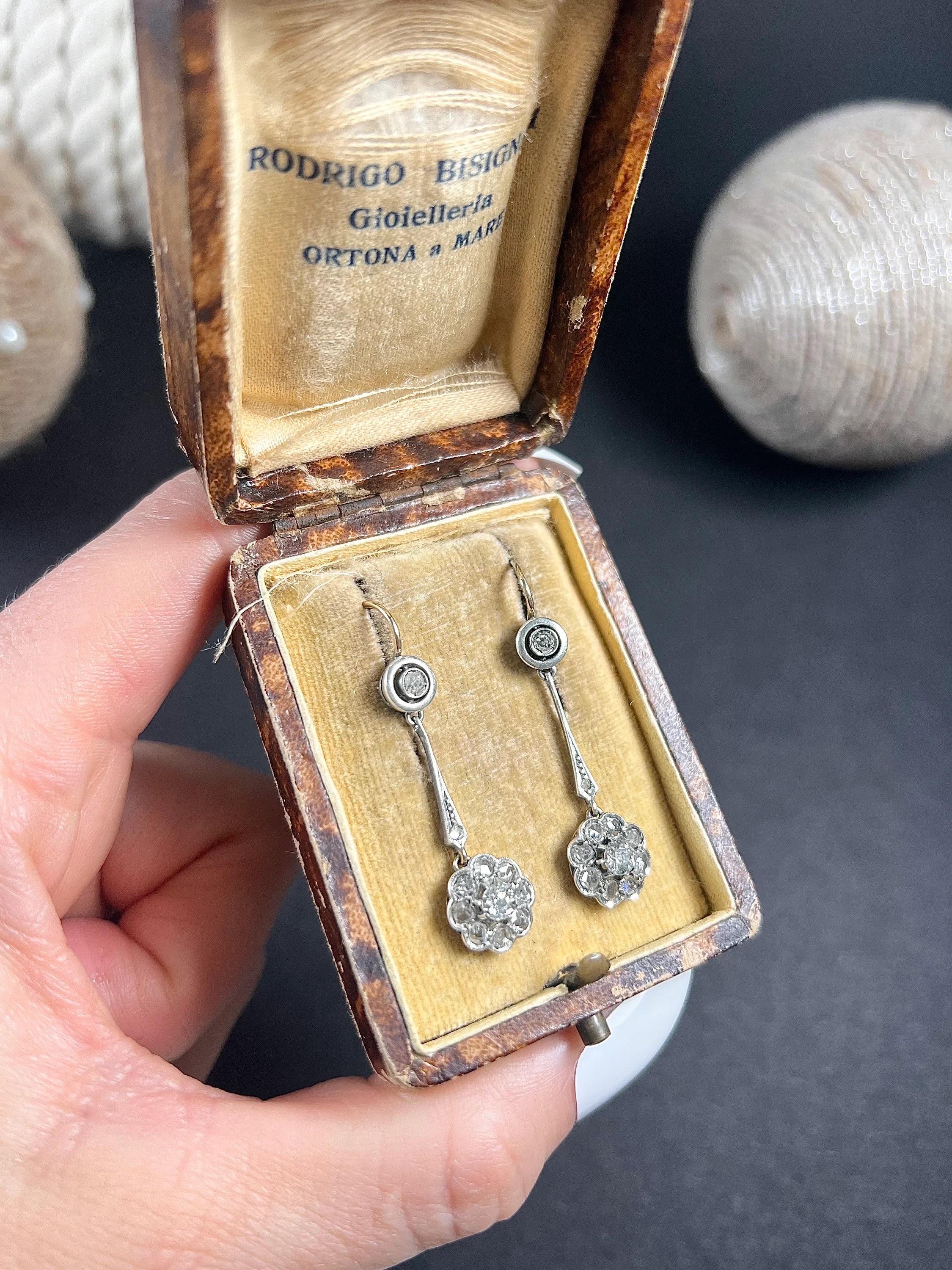 Antique 18ct Gold & Platinum, Edwardian Diamond Daisy Cluster Drop Earrings For Sale 1