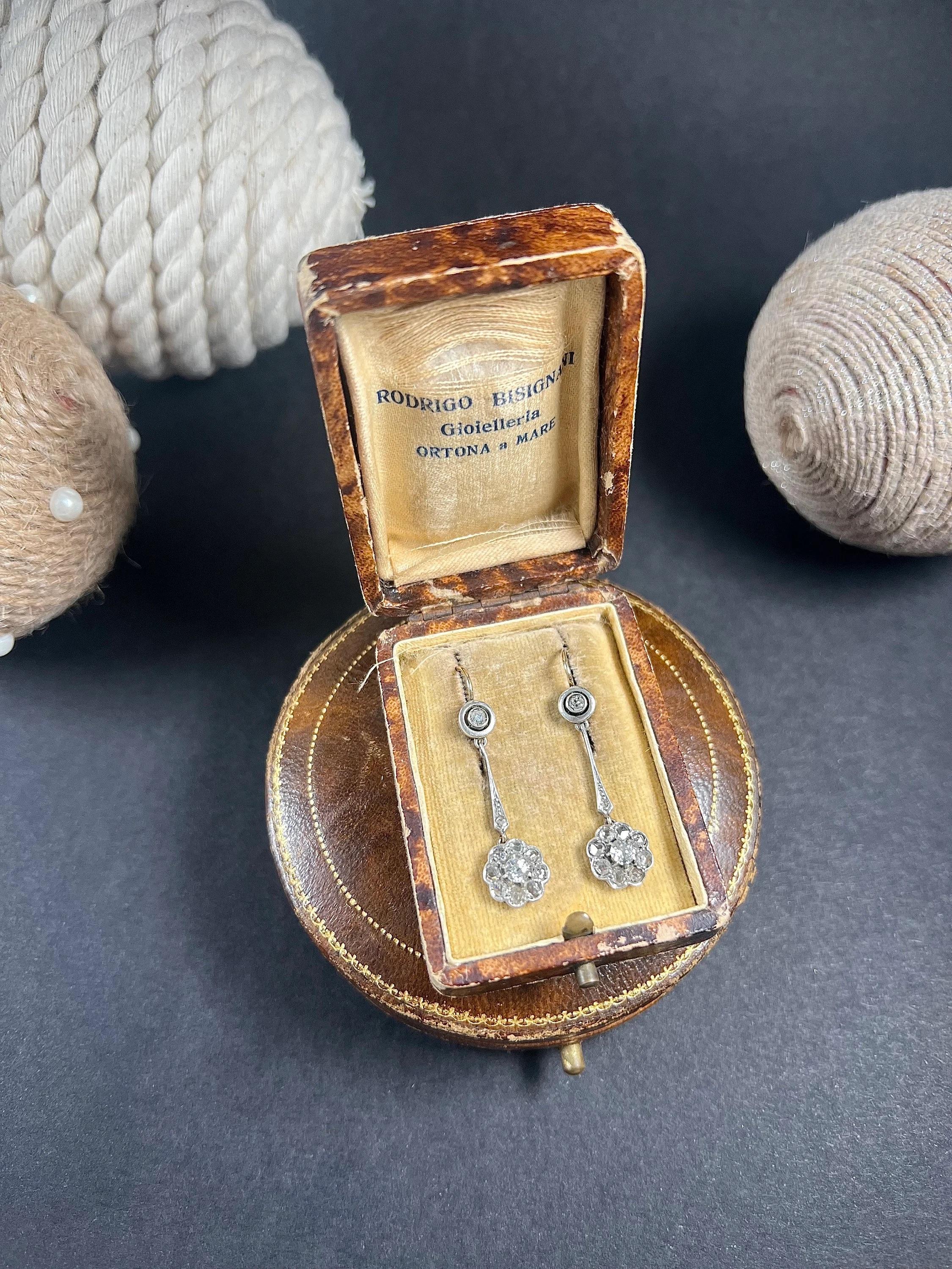 Antique 18ct Gold & Platinum, Edwardian Diamond Daisy Cluster Drop Earrings For Sale 4