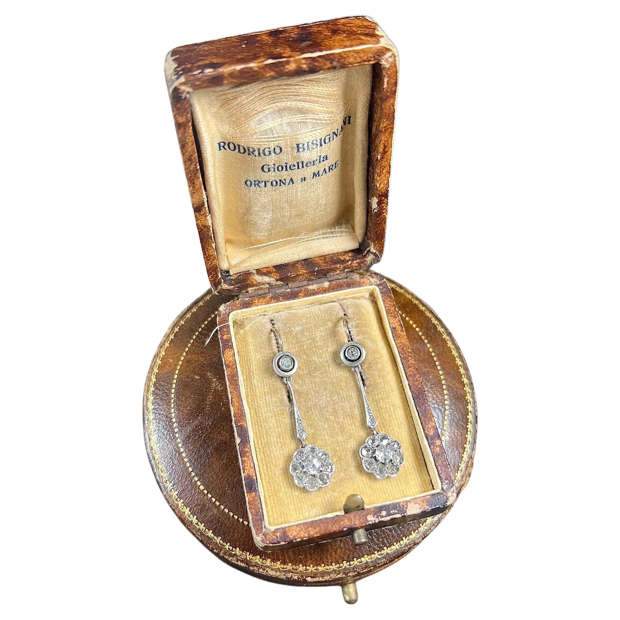 Antique 18ct Gold & Platinum, Edwardian Diamond Daisy Cluster Drop Earrings For Sale