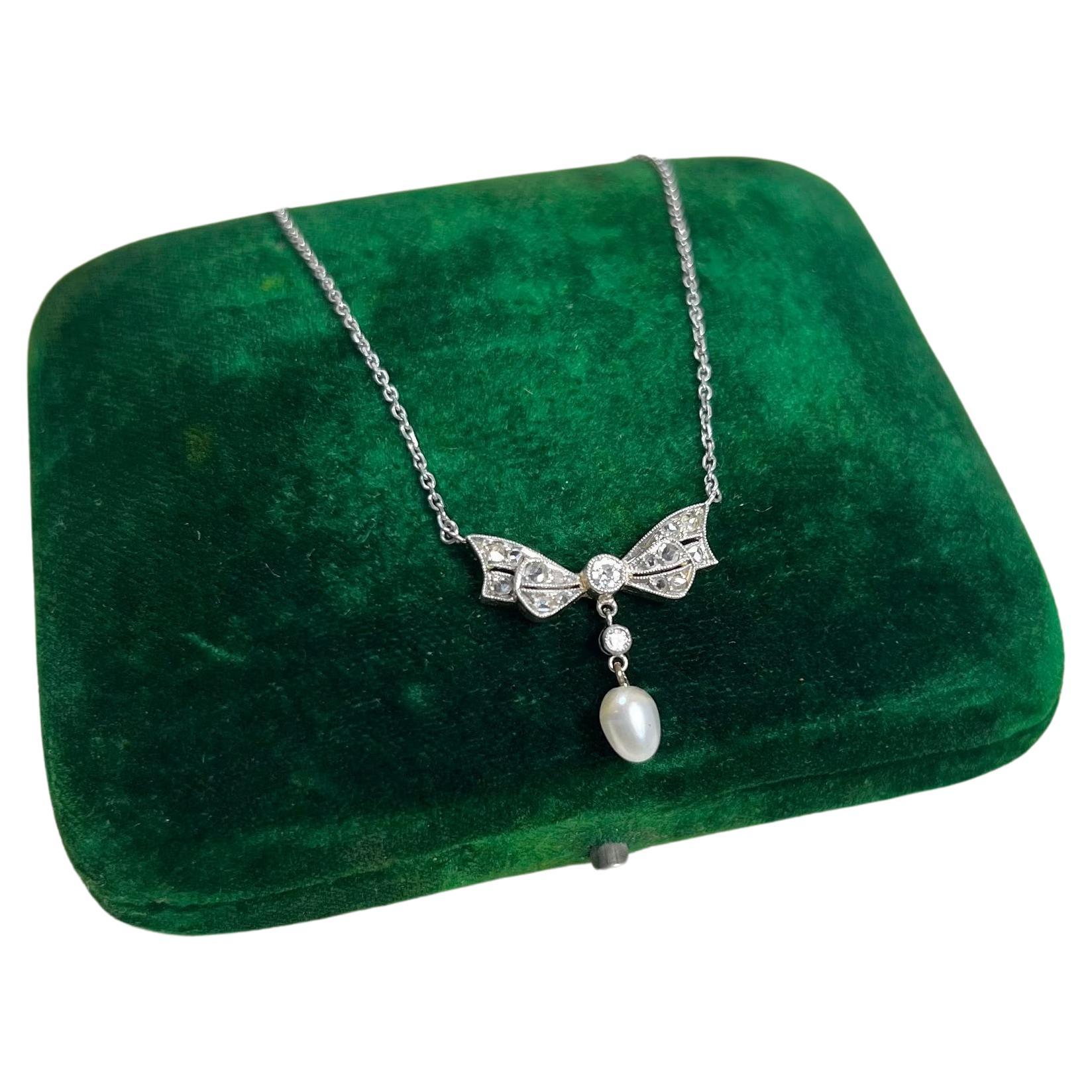 Antique 18ct Gold & Platinum Edwardian Diamond Pearl Bow Necklace For Sale