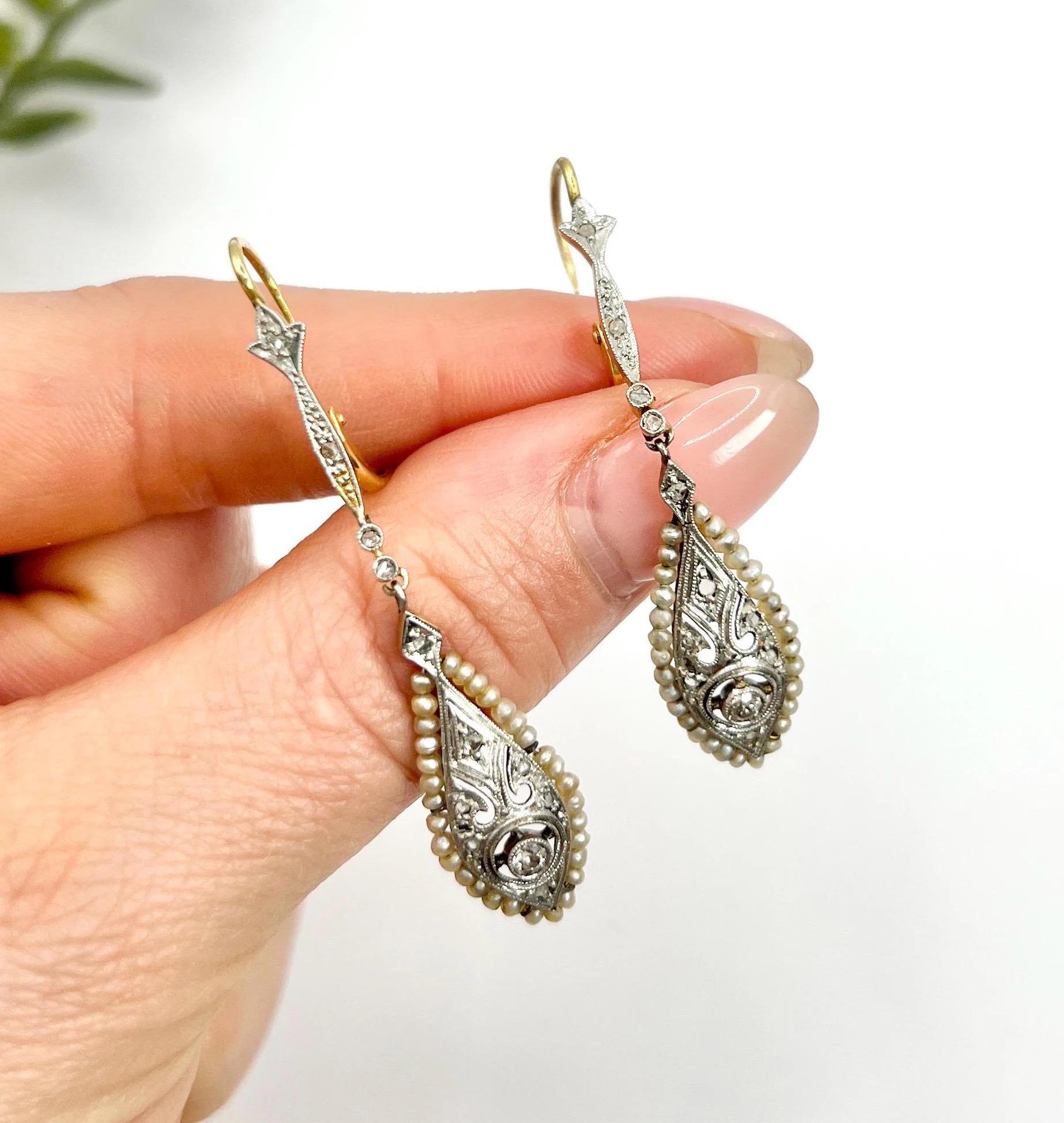 Antique 18ct Gold & Platinum, Edwardian Diamond & Seed Pearl Dangle Earrings For Sale 6