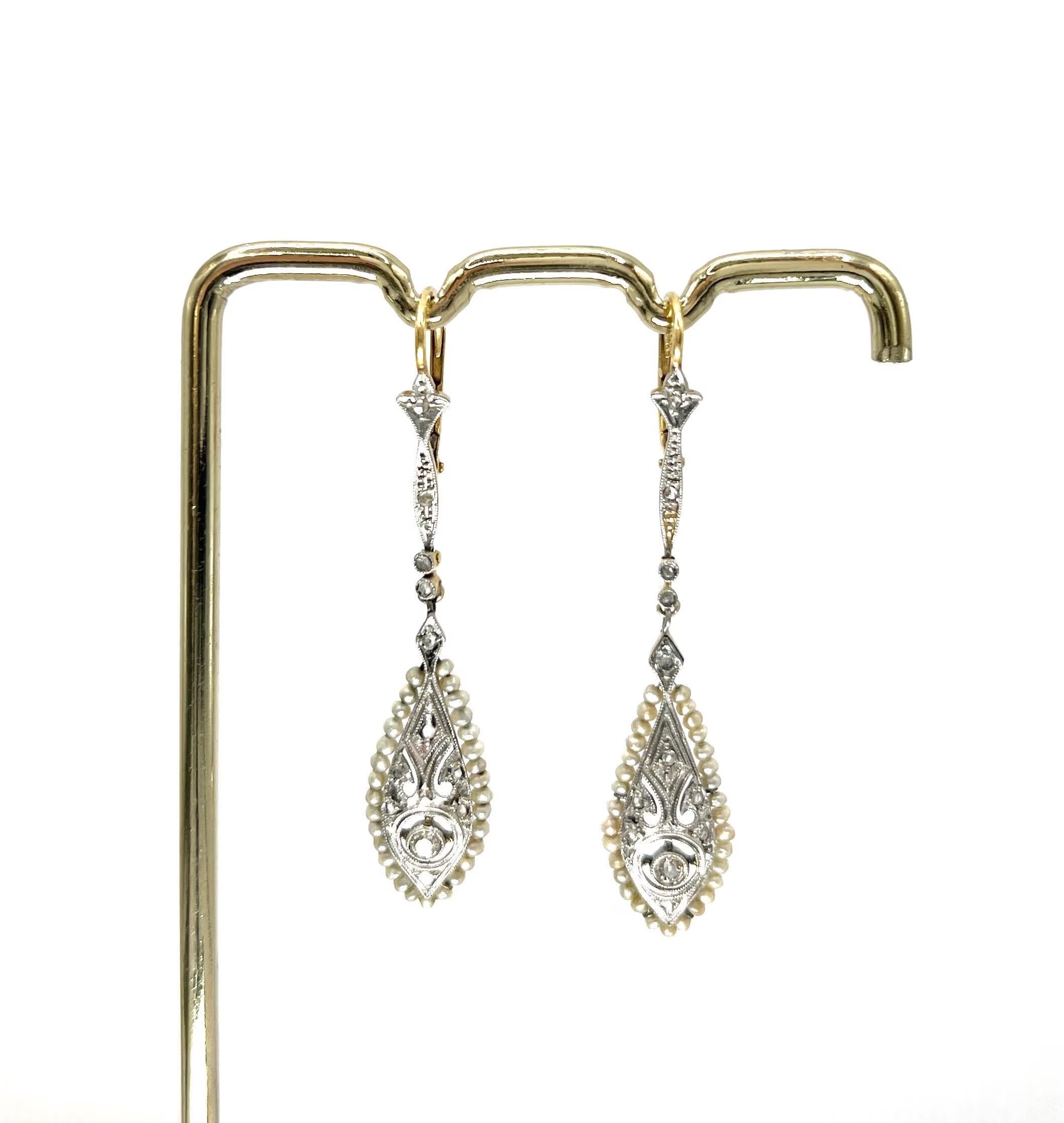 Women's or Men's Antique 18ct Gold & Platinum, Edwardian Diamond & Seed Pearl Dangle Earrings For Sale