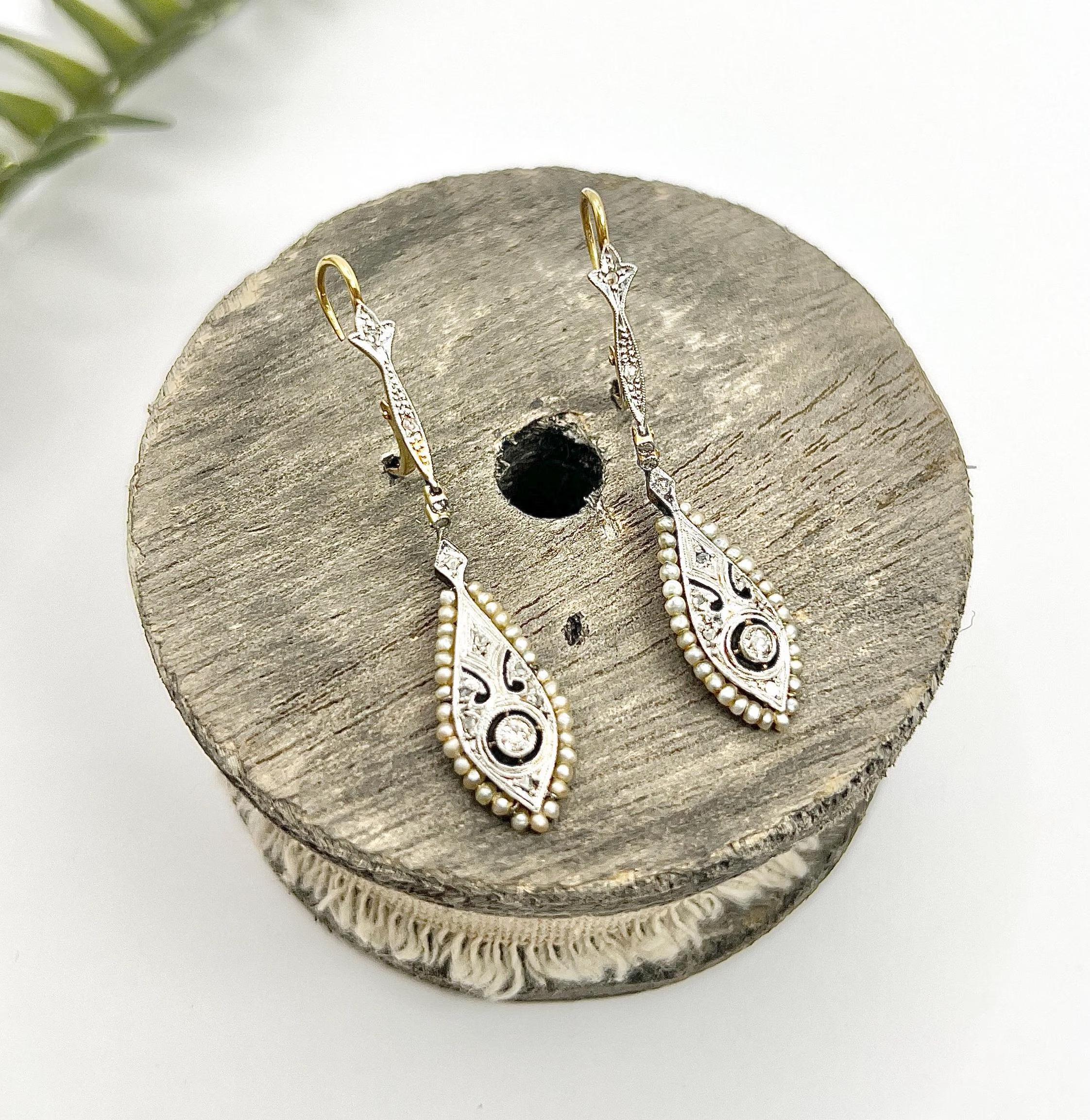 Antique 18ct Gold & Platinum, Edwardian Diamond & Seed Pearl Dangle Earrings For Sale 1