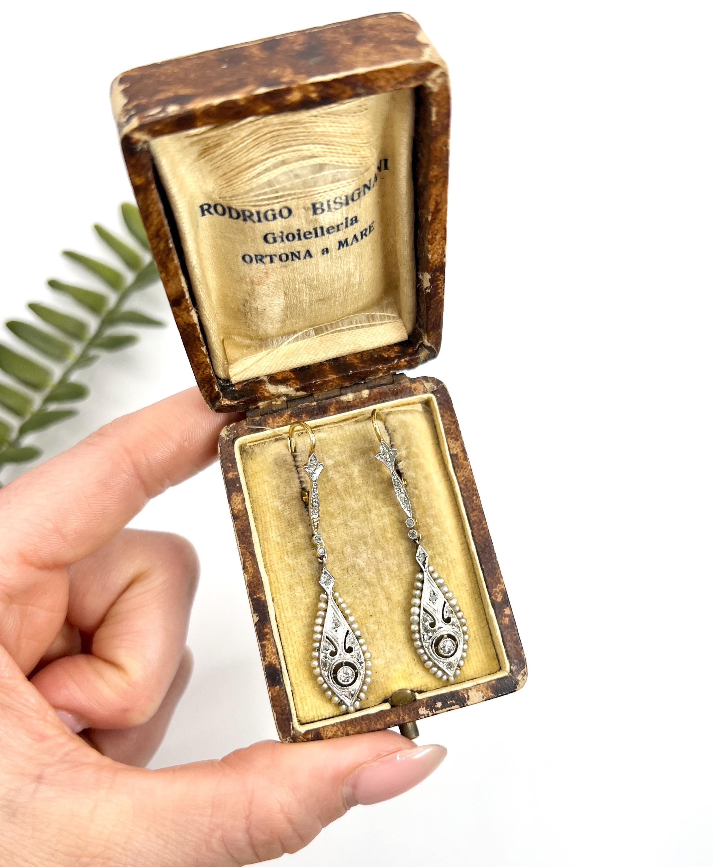 Antique 18ct Gold & Platinum, Edwardian Diamond & Seed Pearl Dangle Earrings For Sale 2