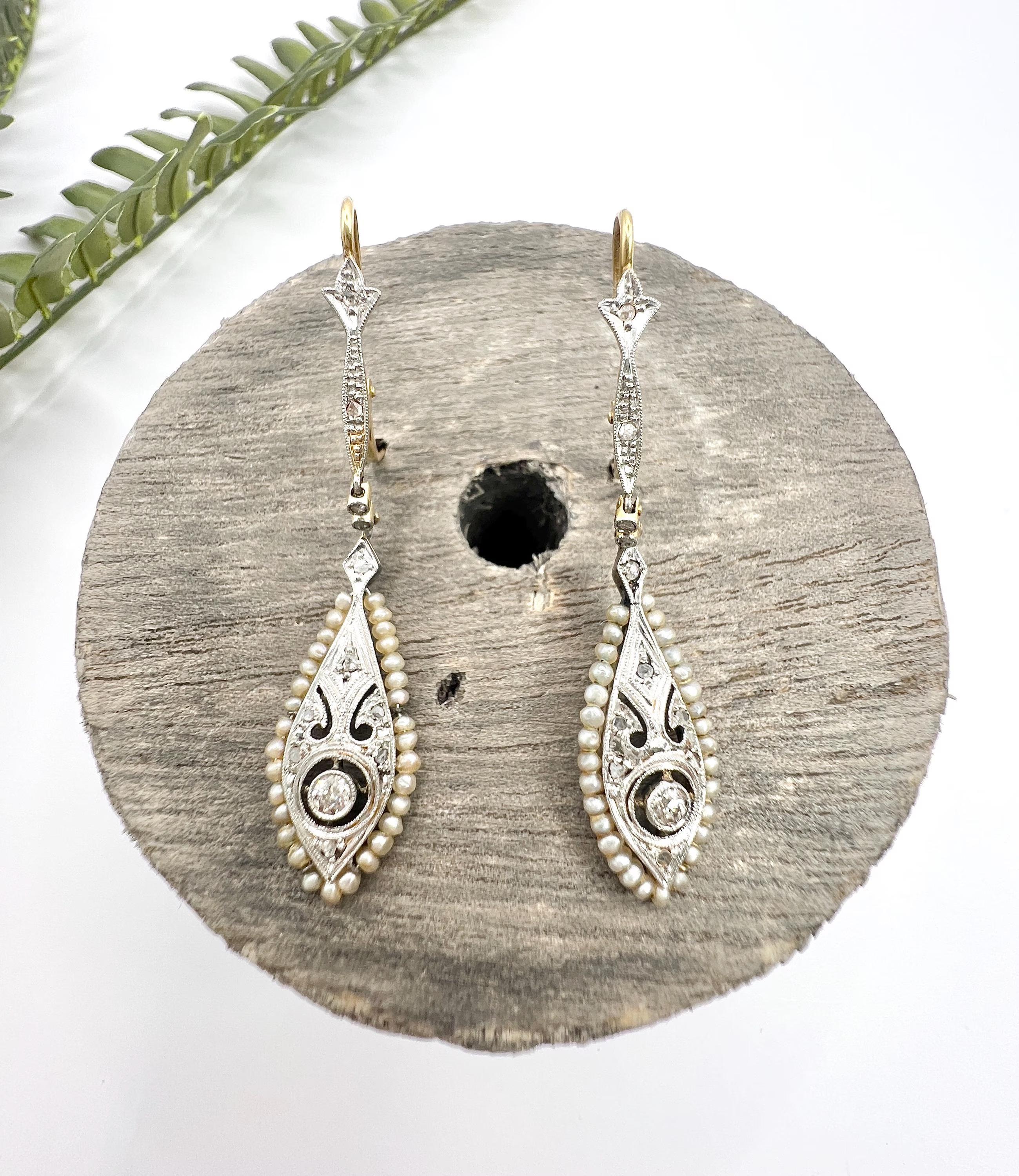 Antique 18ct Gold & Platinum, Edwardian Diamond & Seed Pearl Dangle Earrings For Sale 3