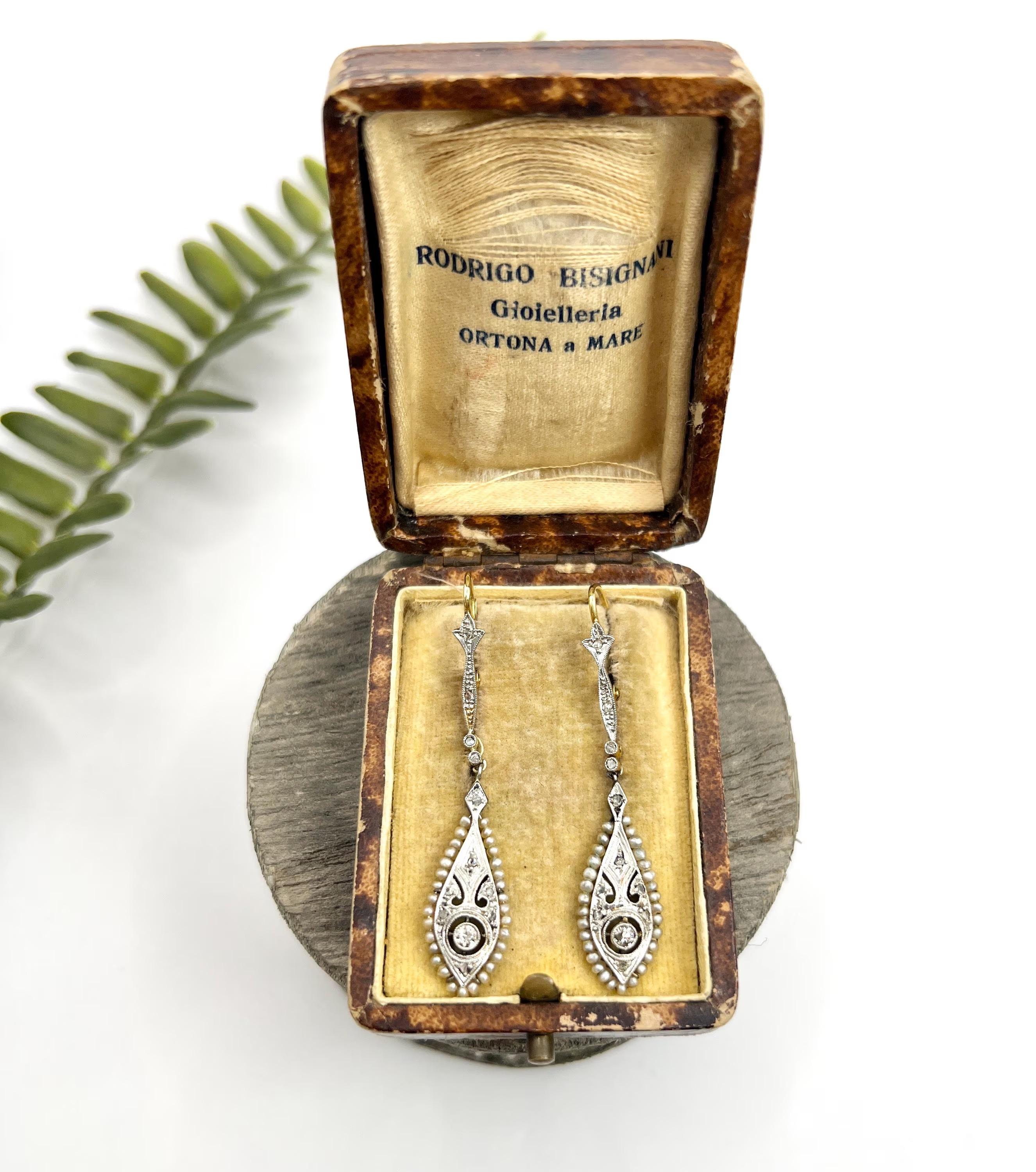 Antique 18ct Gold & Platinum, Edwardian Diamond & Seed Pearl Dangle Earrings For Sale 4