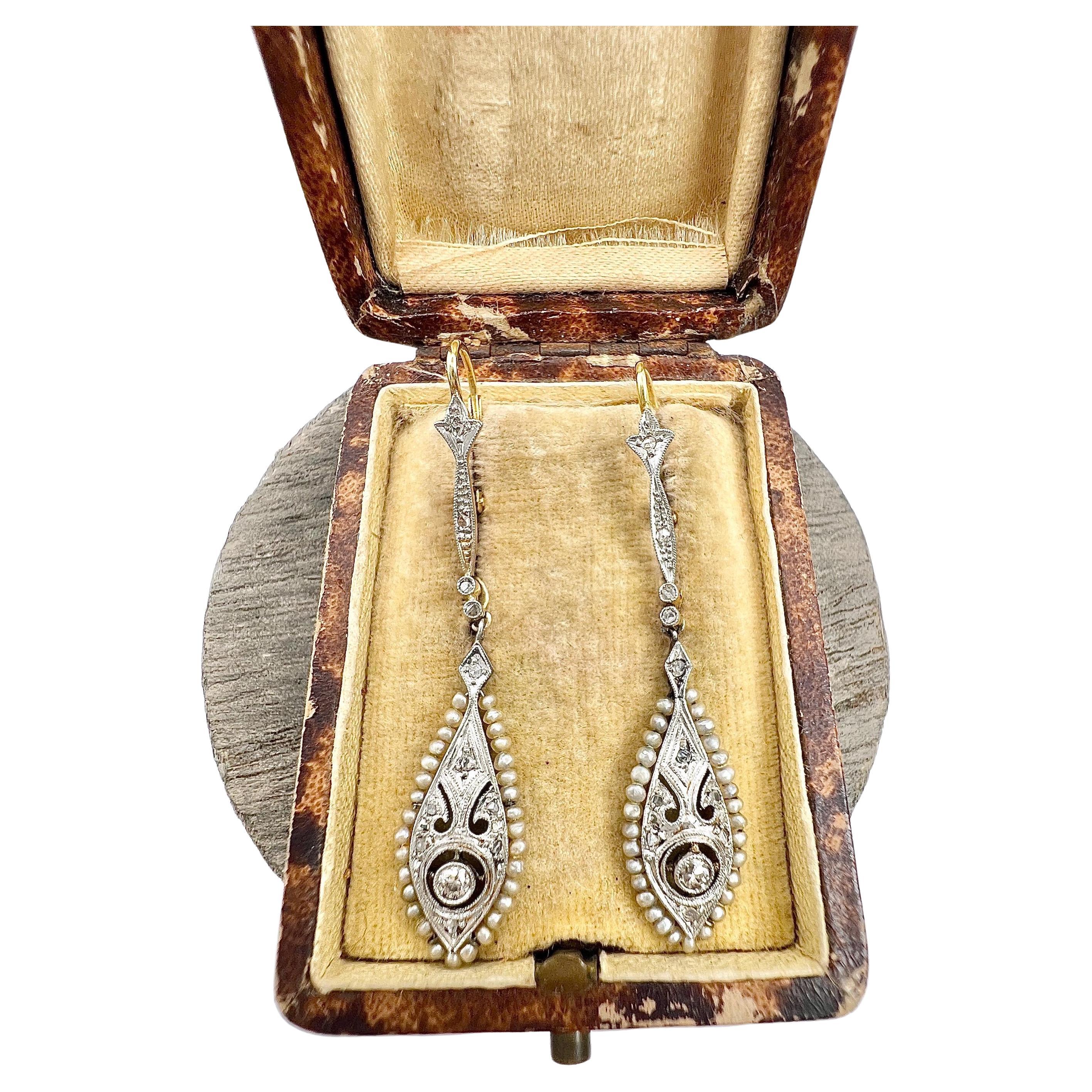 Antique 18ct Gold & Platinum, Edwardian Diamond & Seed Pearl Dangle Earrings