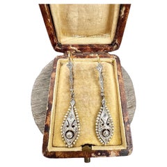 Antique 18ct Gold & Platinum, Edwardian Diamond & Seed Pearl Dangle Earrings