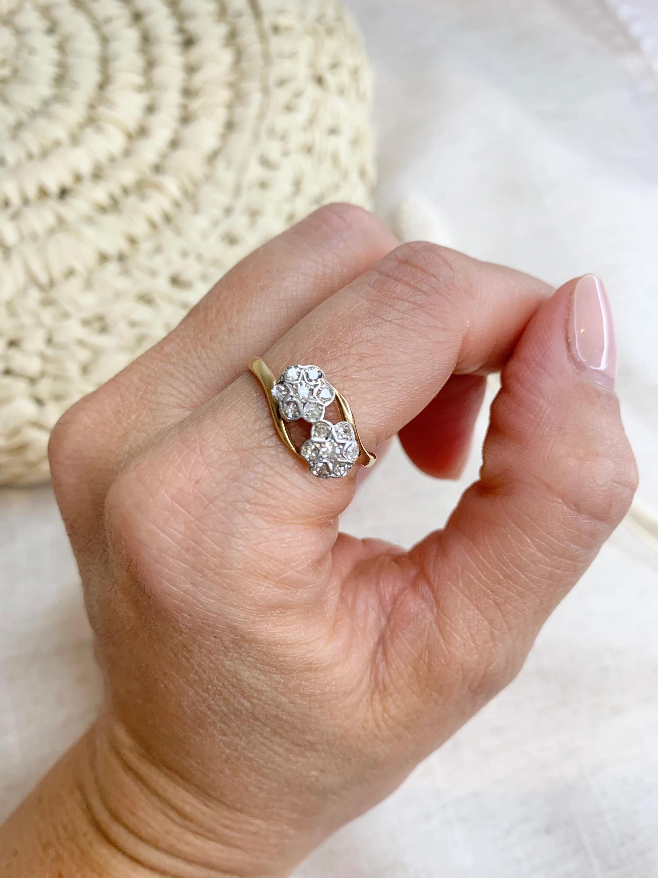 Antique 18ct Gold & Platinum Edwardian Double Diamond Daisy Ring For Sale 6