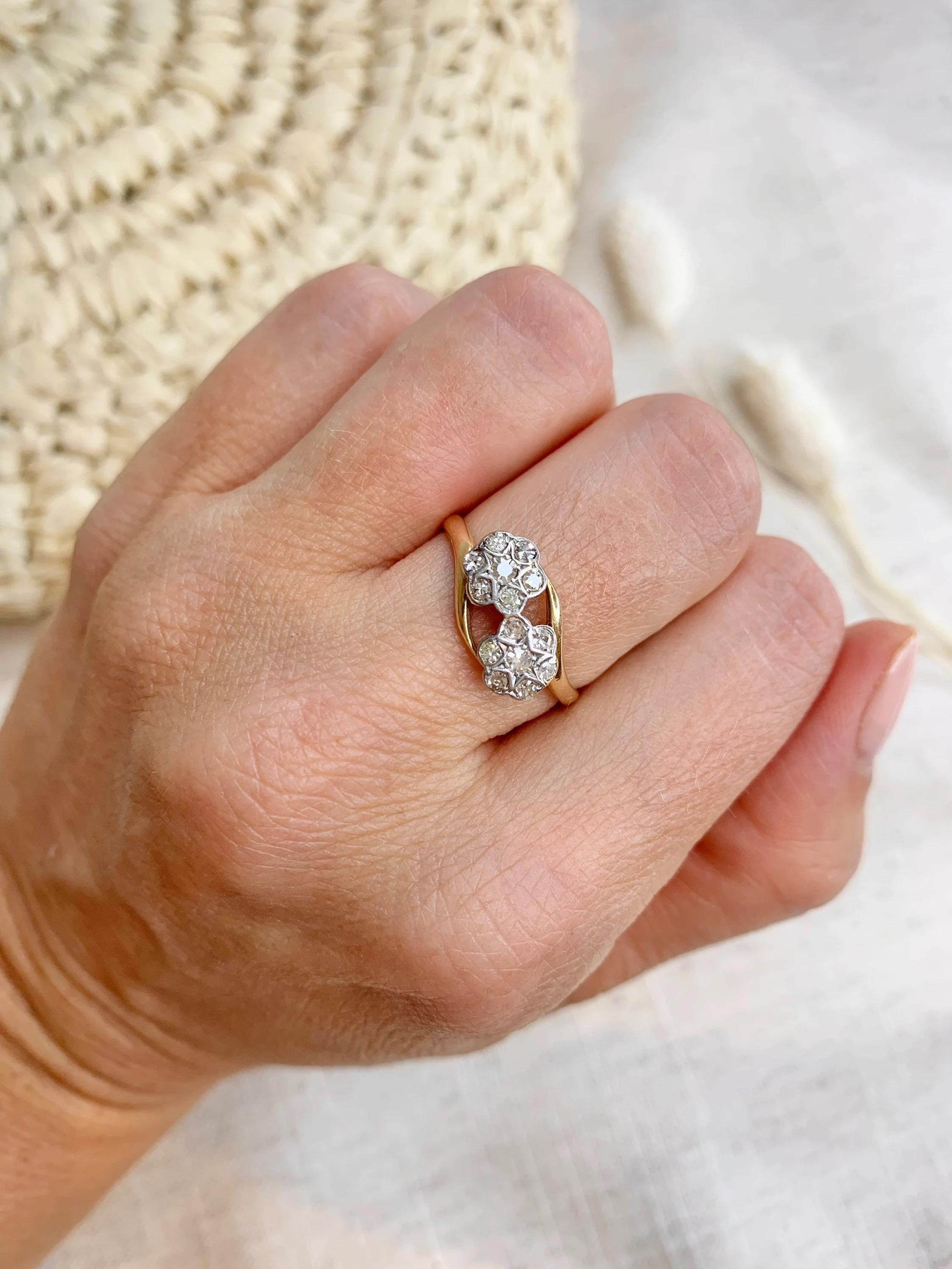 Antique 18ct Gold & Platinum Edwardian Double Diamond Daisy Ring For Sale 1