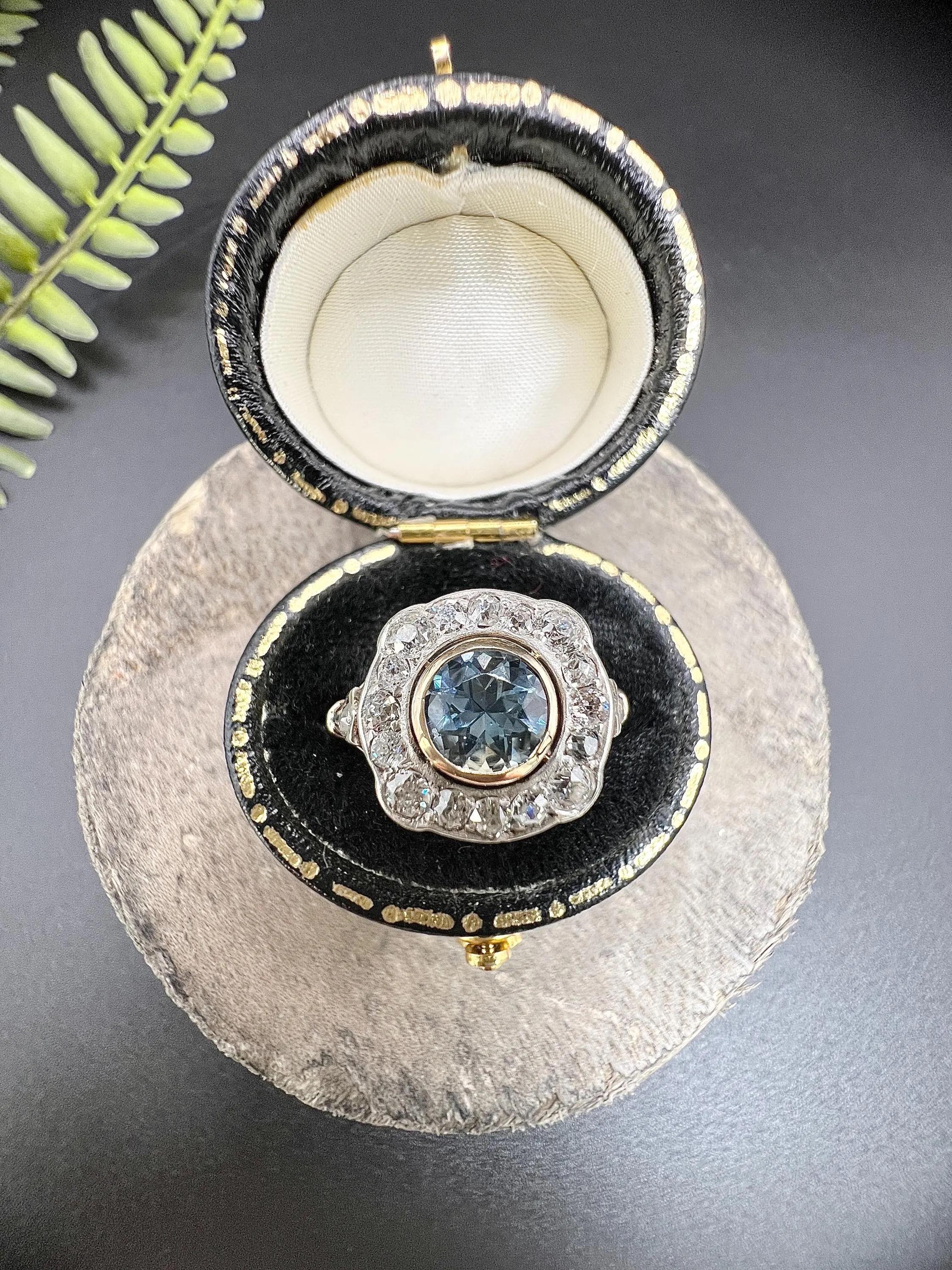 Antique 18ct Gold & Platinum, Edwardian era Aquamarine and Diamond Cluster Ring For Sale 6