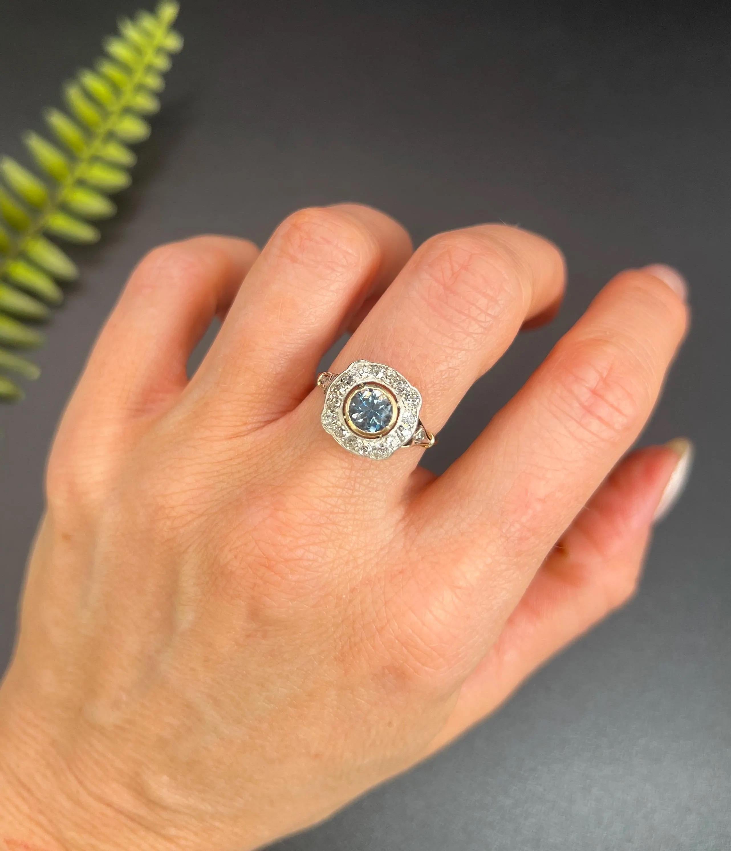 Round Cut Antique 18ct Gold & Platinum, Edwardian era Aquamarine and Diamond Cluster Ring For Sale