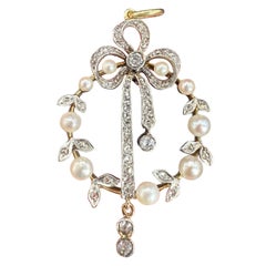 Antique 18ct Gold & Platinum, Edwardian era Diamond and Pearl Bow Pendant