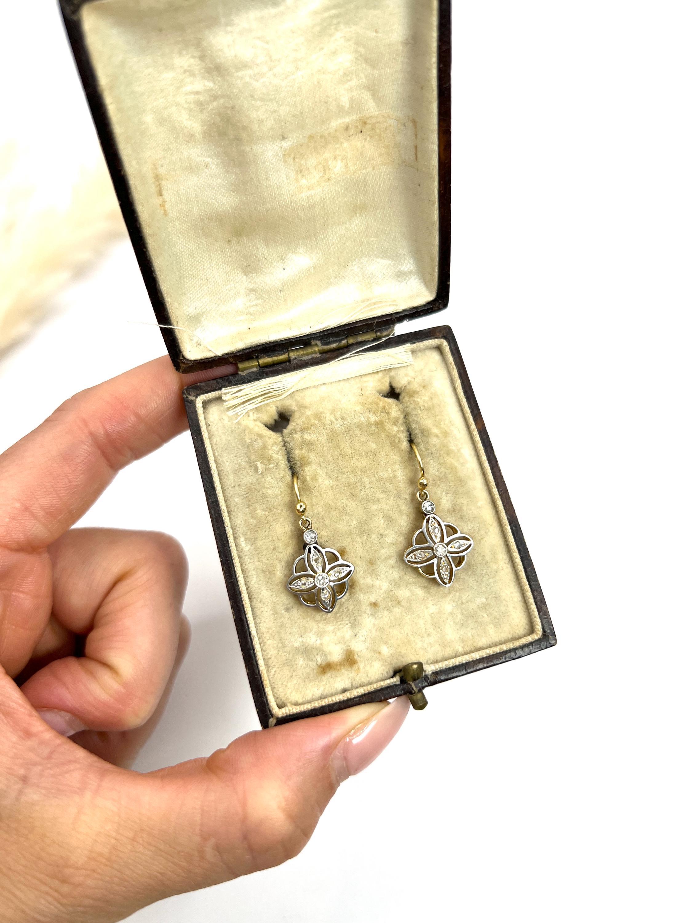 Antique 18ct Gold & Platinum, Edwardian era Diamond Drop Dangle Earrings In Good Condition For Sale In Brighton, GB