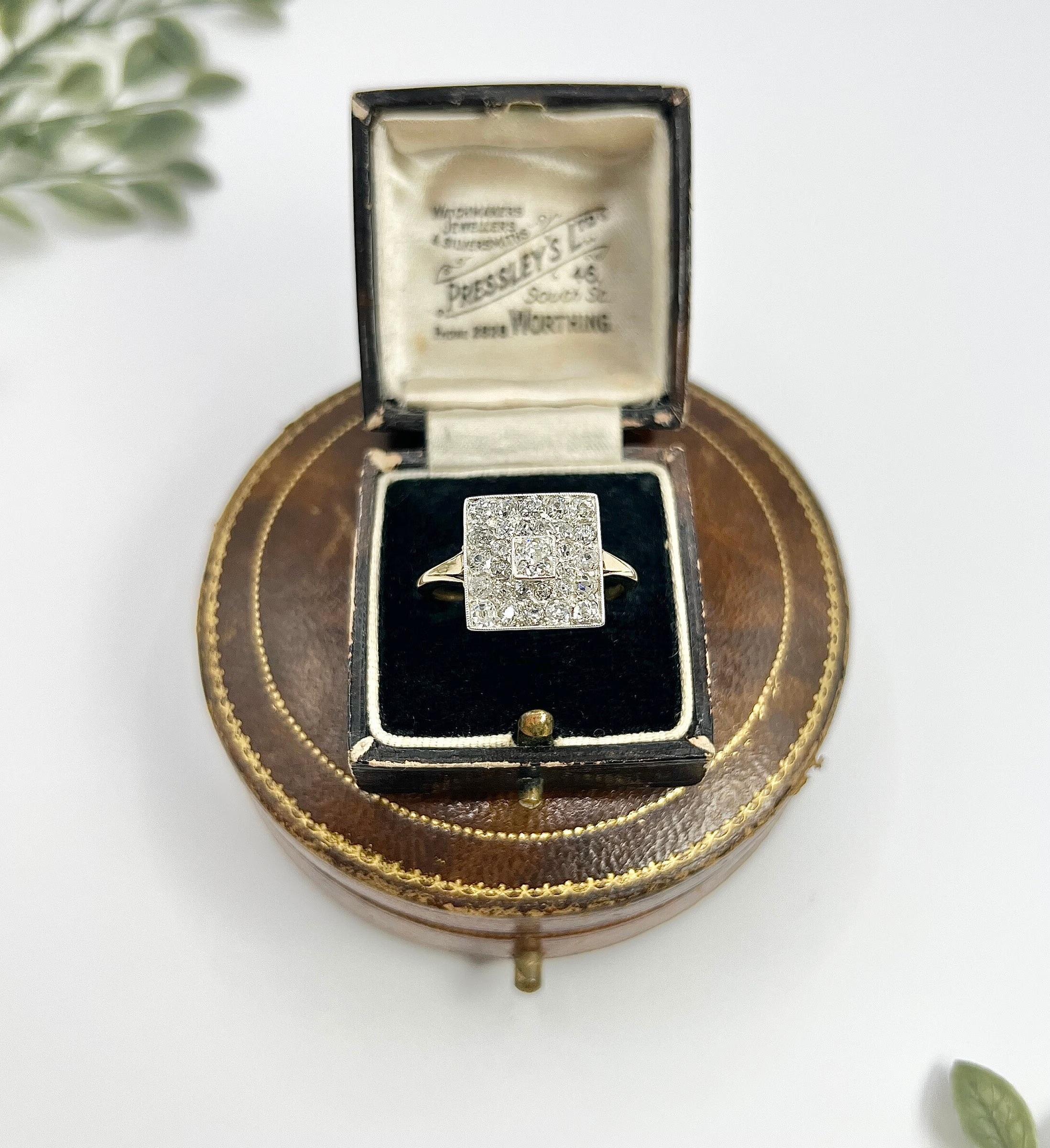 Old European Cut Antique 18ct Gold & Platinum, Edwardian era Square Shaped Diamond Ring For Sale