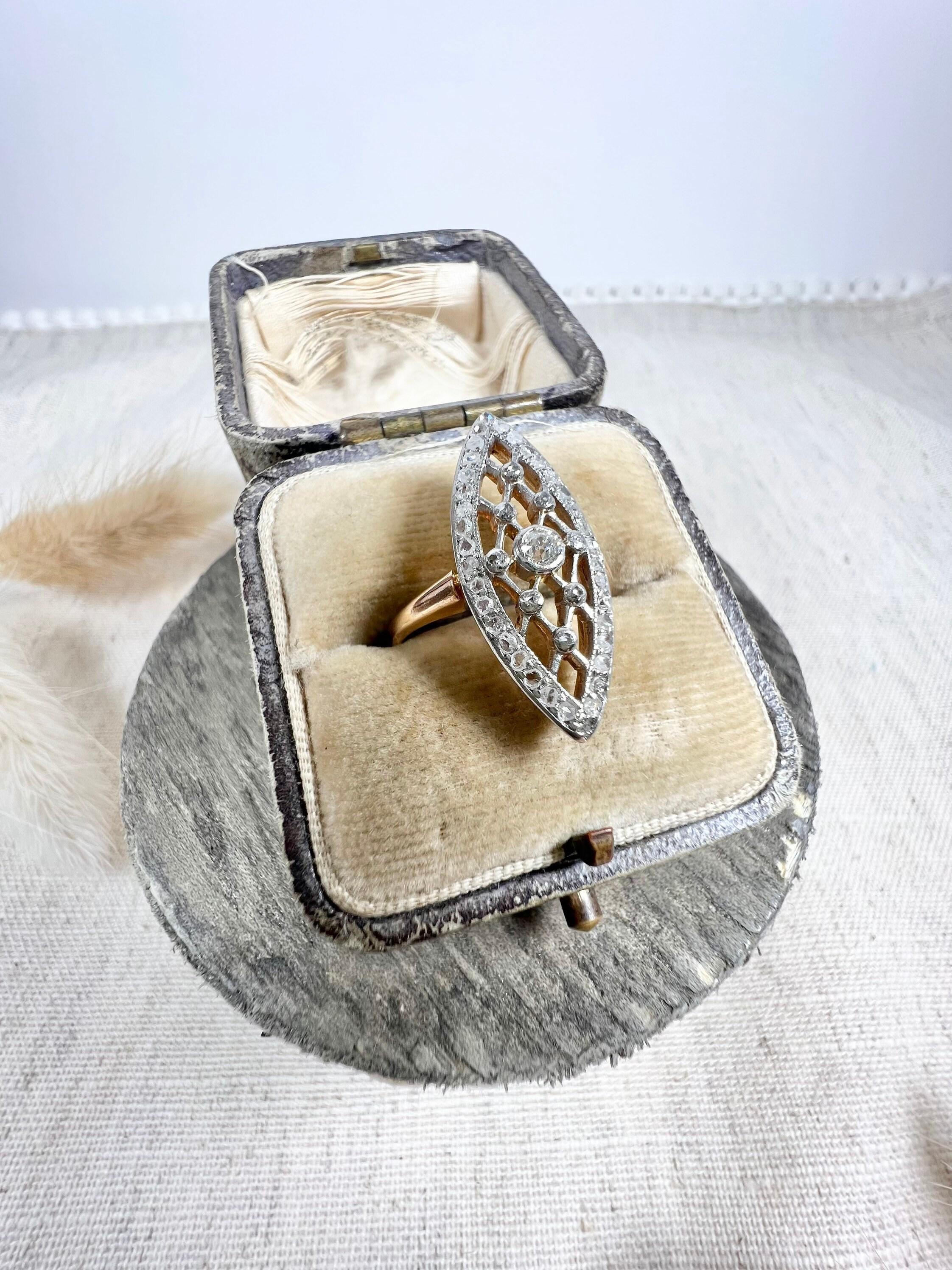 Old European Cut Antique 18ct Gold & Platinum Edwardian Lattice Diamond Marquise Ring For Sale