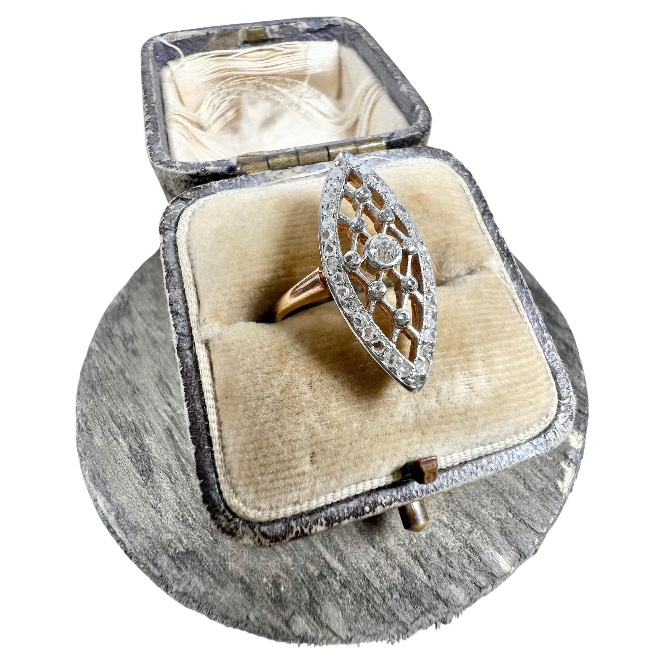 Antique 18ct Gold & Platinum Edwardian Lattice Diamond Marquise Ring For Sale