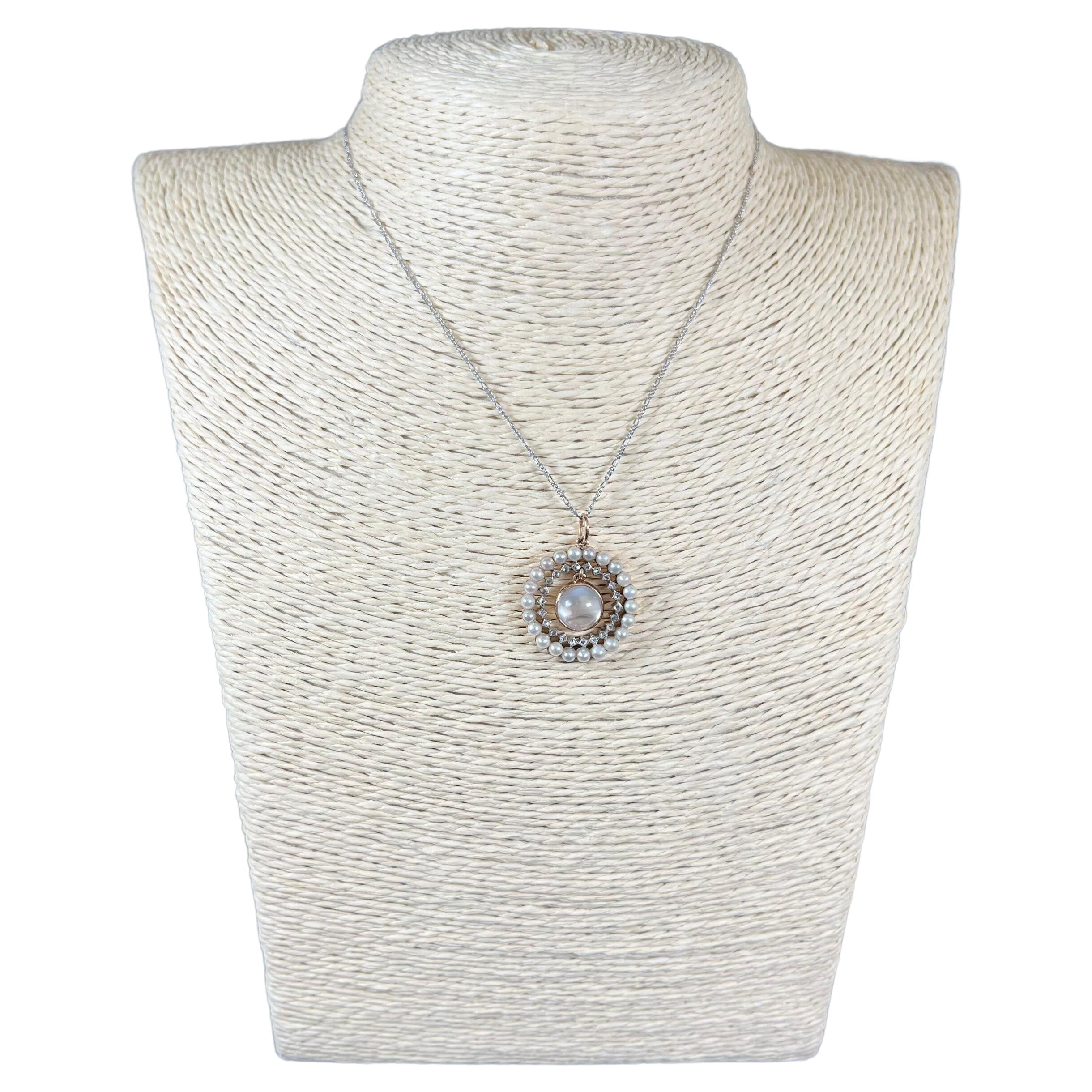 Antique 18ct Gold & Platinum Edwardian Moonstone, Diamond, Pearl Halo Pendant For Sale