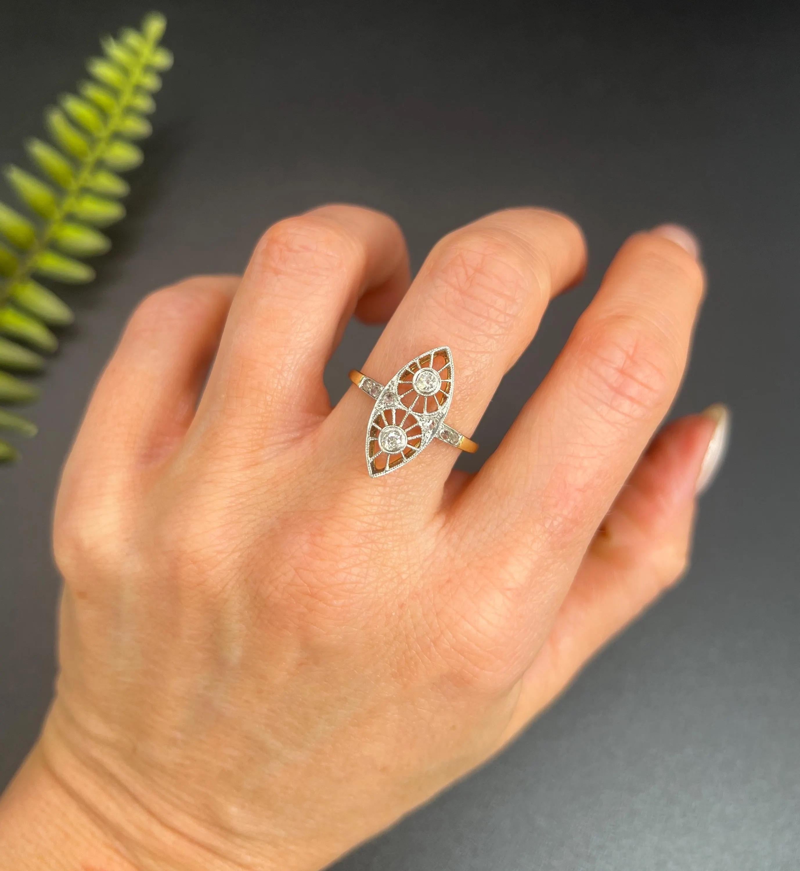 Antique 18ct Gold & Platinum, Edwardian Open Work Diamond Marquise Ring For Sale 5