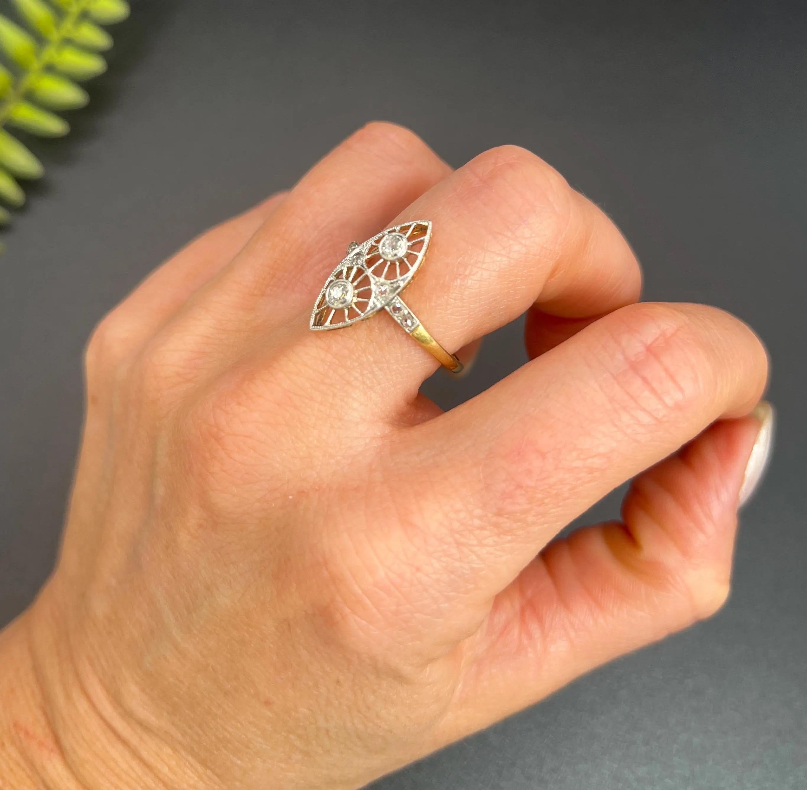 Brilliant Cut Antique 18ct Gold & Platinum, Edwardian Open Work Diamond Marquise Ring For Sale