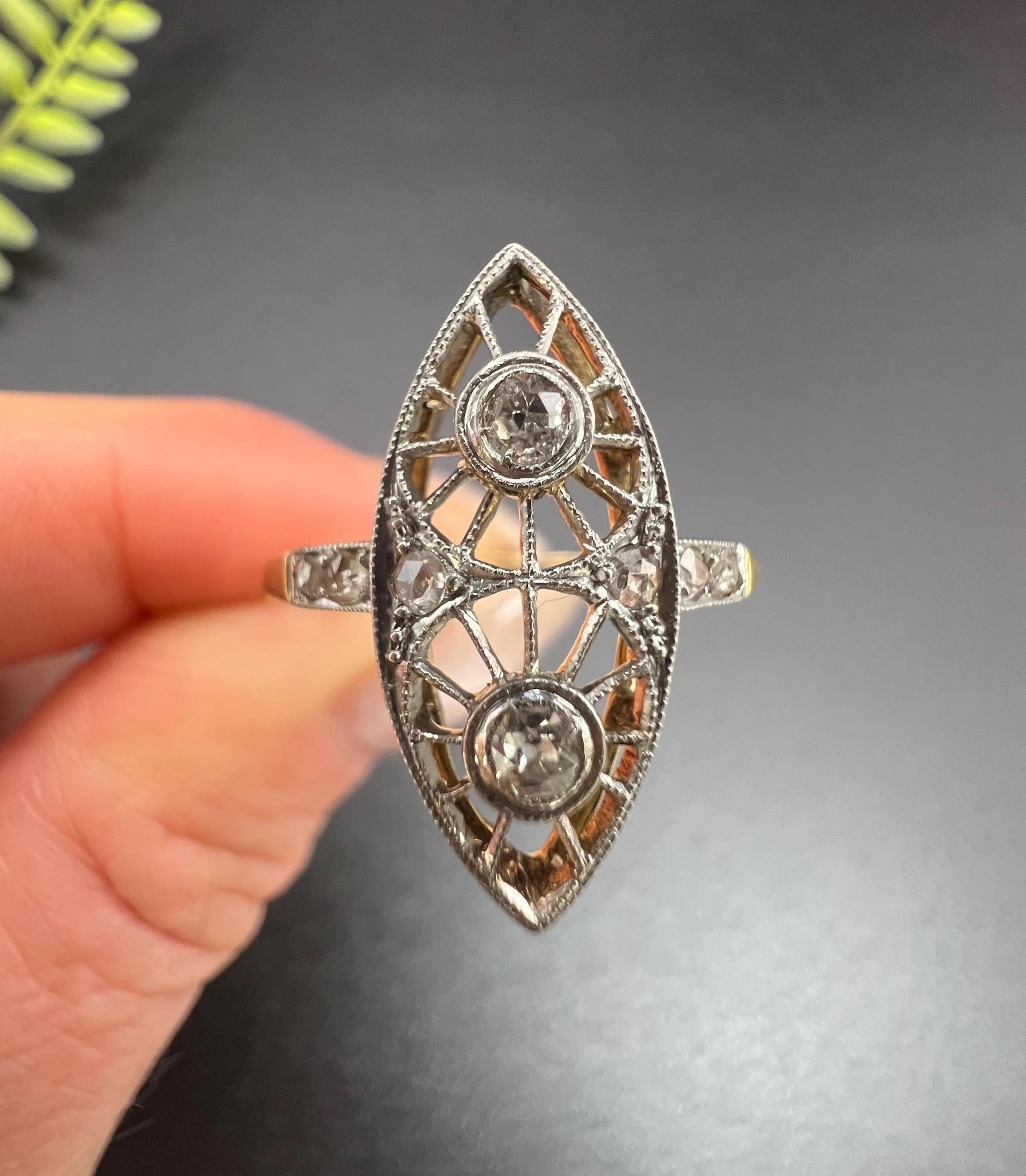 Women's or Men's Antique 18ct Gold & Platinum, Edwardian Open Work Diamond Marquise Ring For Sale