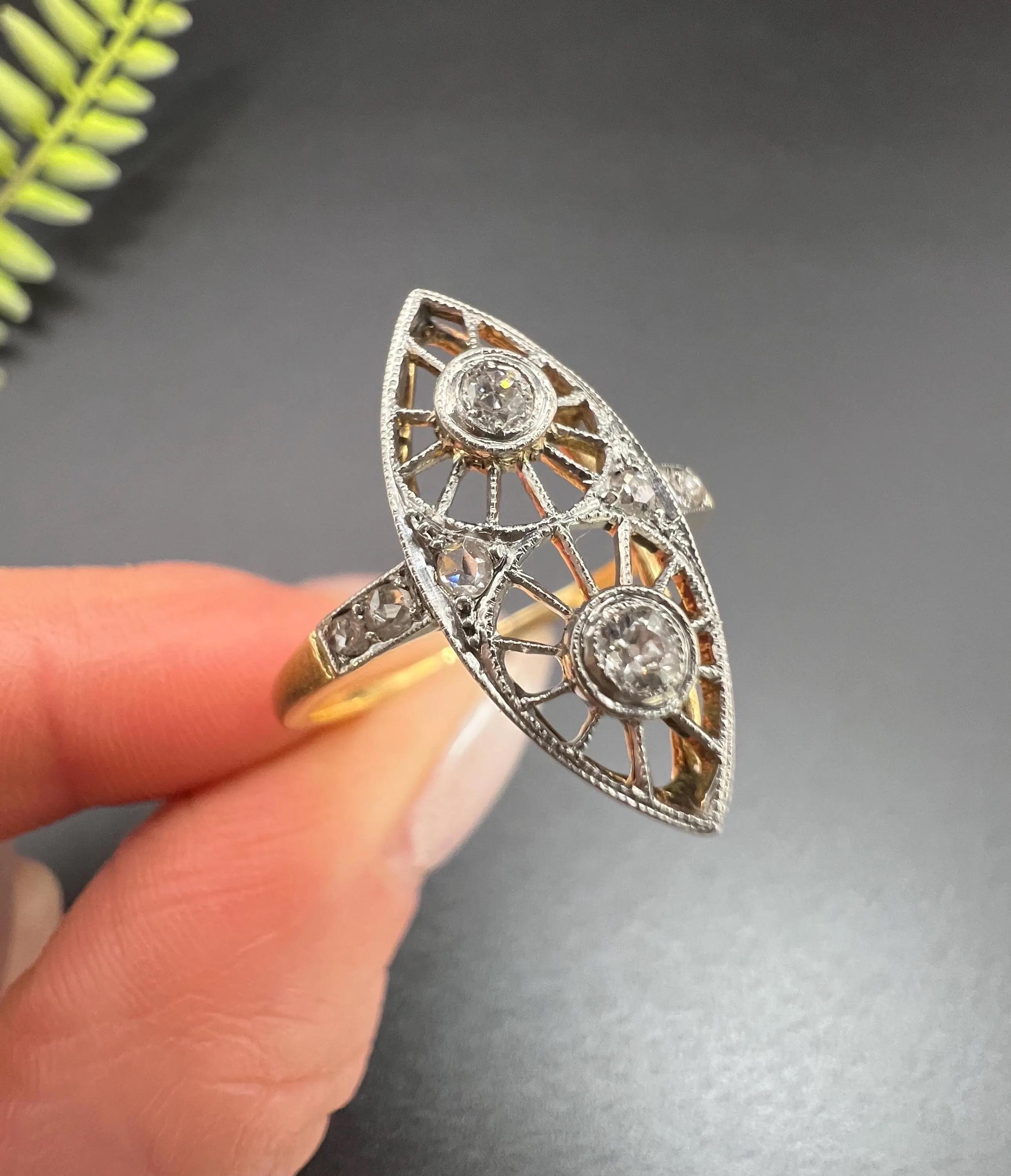 Antique 18ct Gold & Platinum, Edwardian Open Work Diamond Marquise Ring For Sale 1