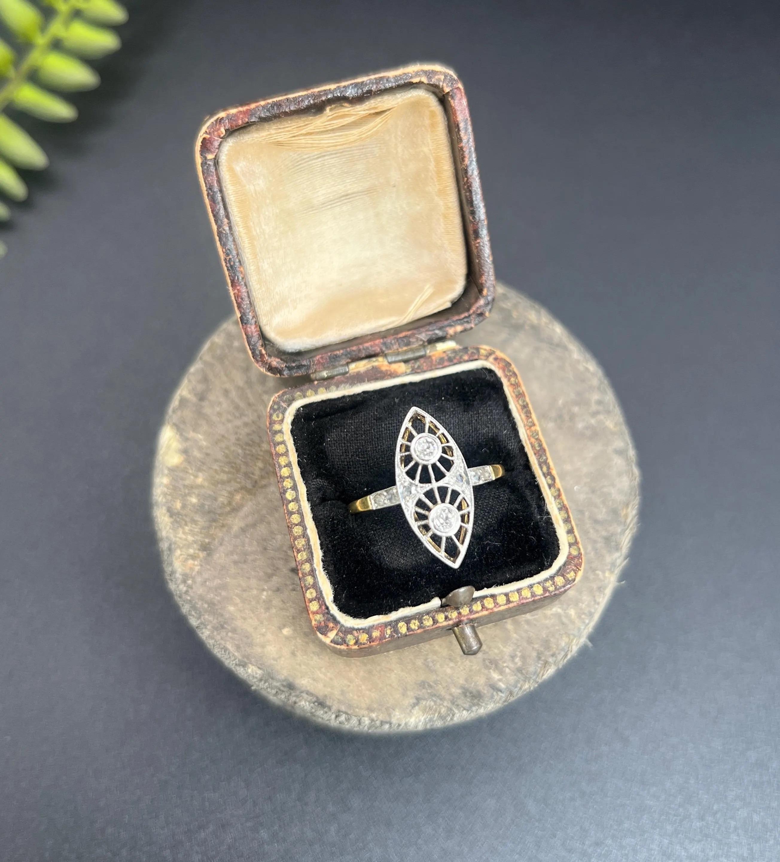 Antique 18ct Gold & Platinum, Edwardian Open Work Diamond Marquise Ring For Sale 2