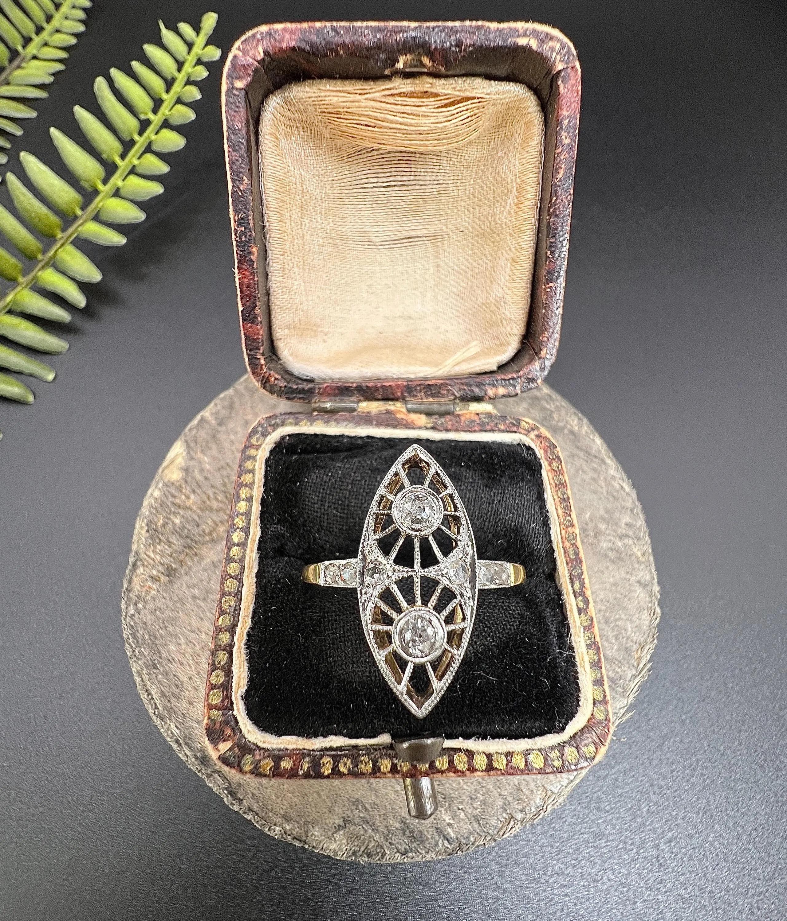 Antique 18ct Gold & Platinum, Edwardian Open Work Diamond Marquise Ring For Sale 4