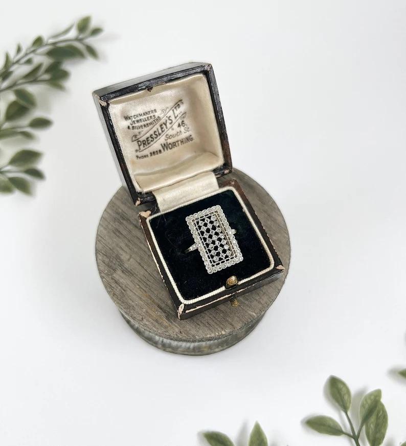Antique 18ct Gold & Platinum, Edwardian Rectangular Diamond Plaque Ring For Sale 6
