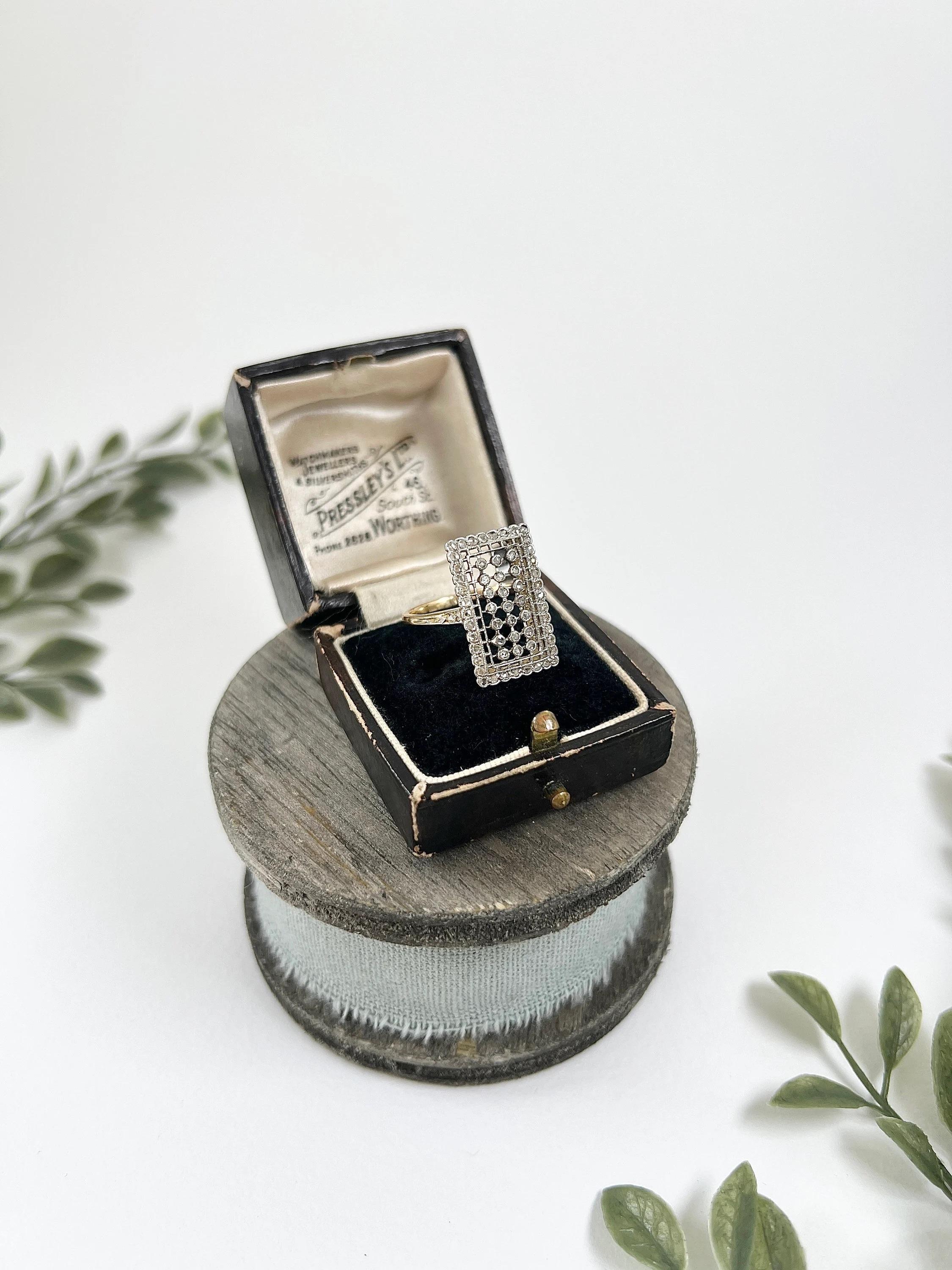 Rose Cut Antique 18ct Gold & Platinum, Edwardian Rectangular Diamond Plaque Ring For Sale