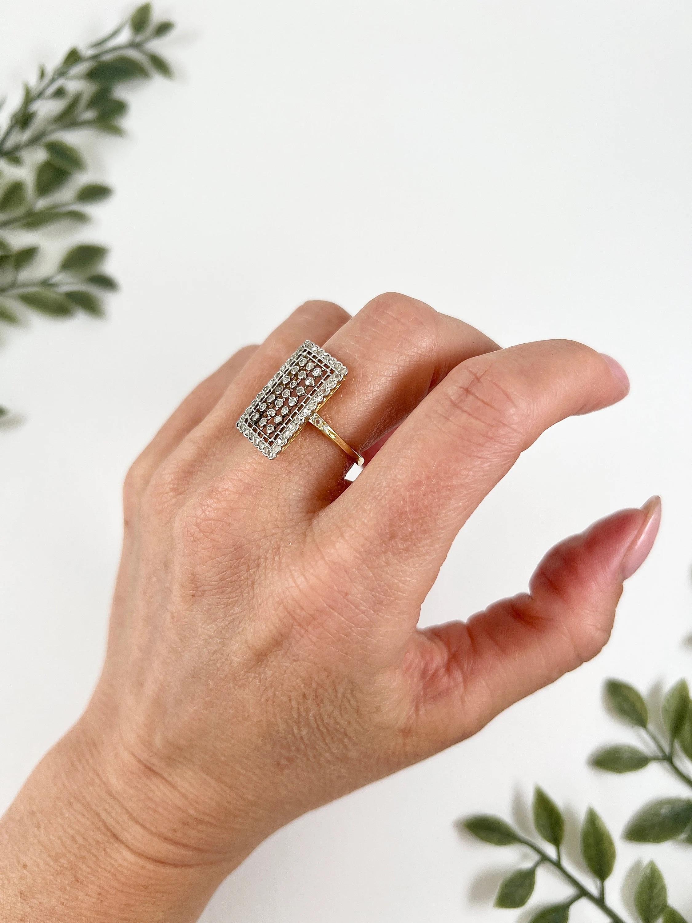 Antique 18ct Gold & Platinum, Edwardian Rectangular Diamond Plaque Ring In Good Condition For Sale In Brighton, GB
