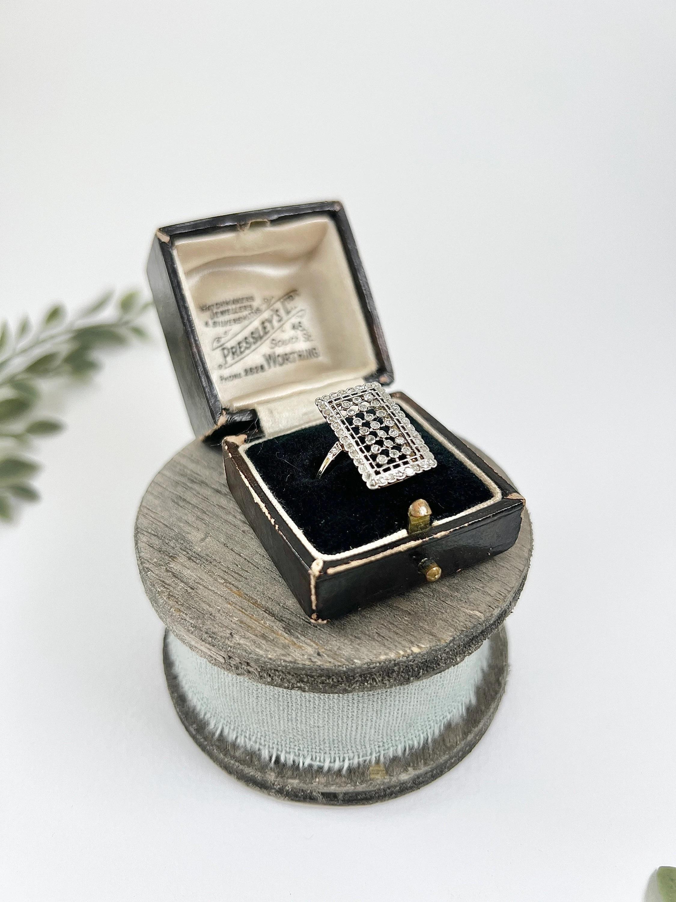 Antique 18ct Gold & Platinum, Edwardian Rectangular Diamond Plaque Ring For Sale 1