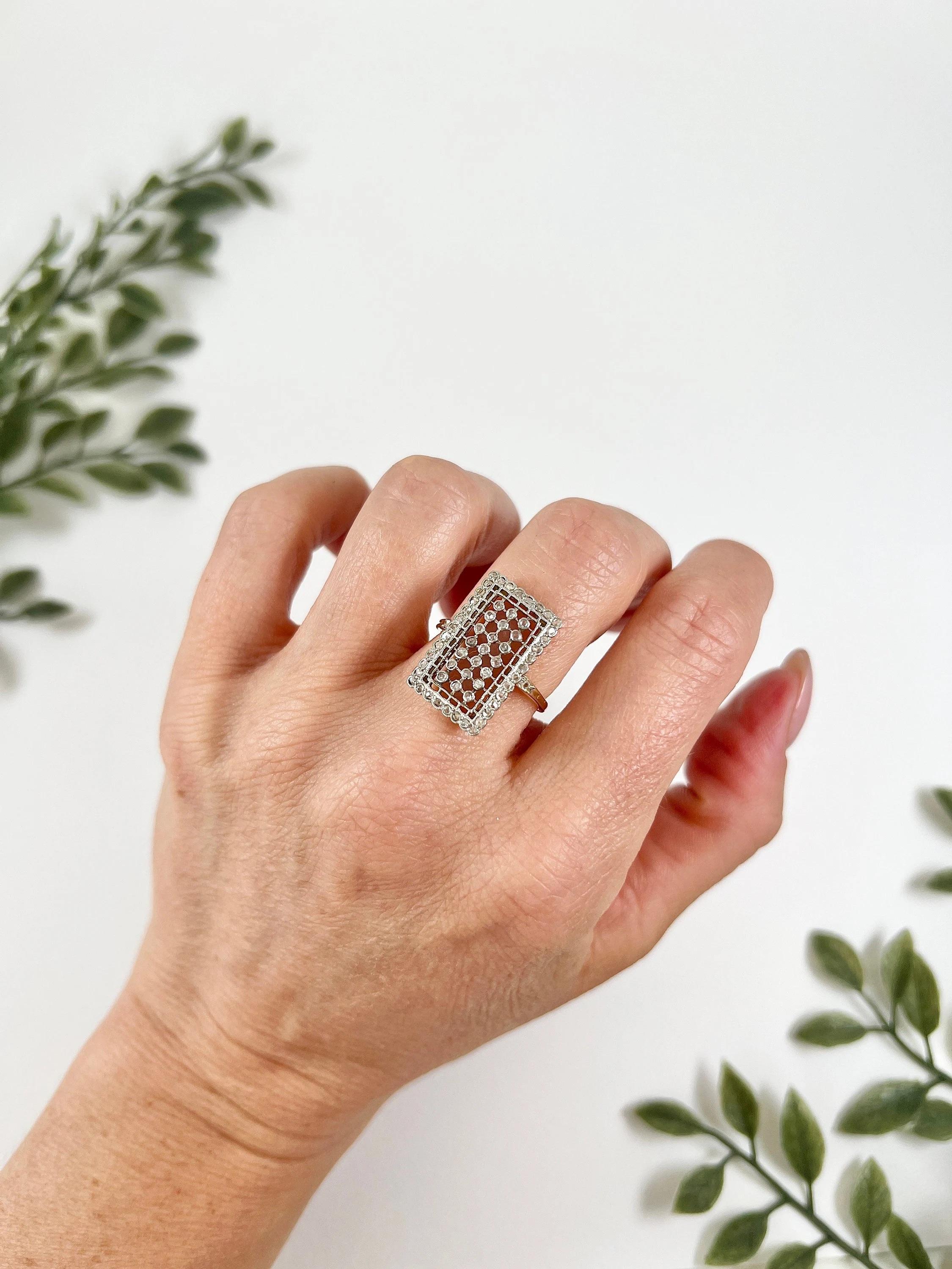 Antique 18ct Gold & Platinum, Edwardian Rectangular Diamond Plaque Ring For Sale 3