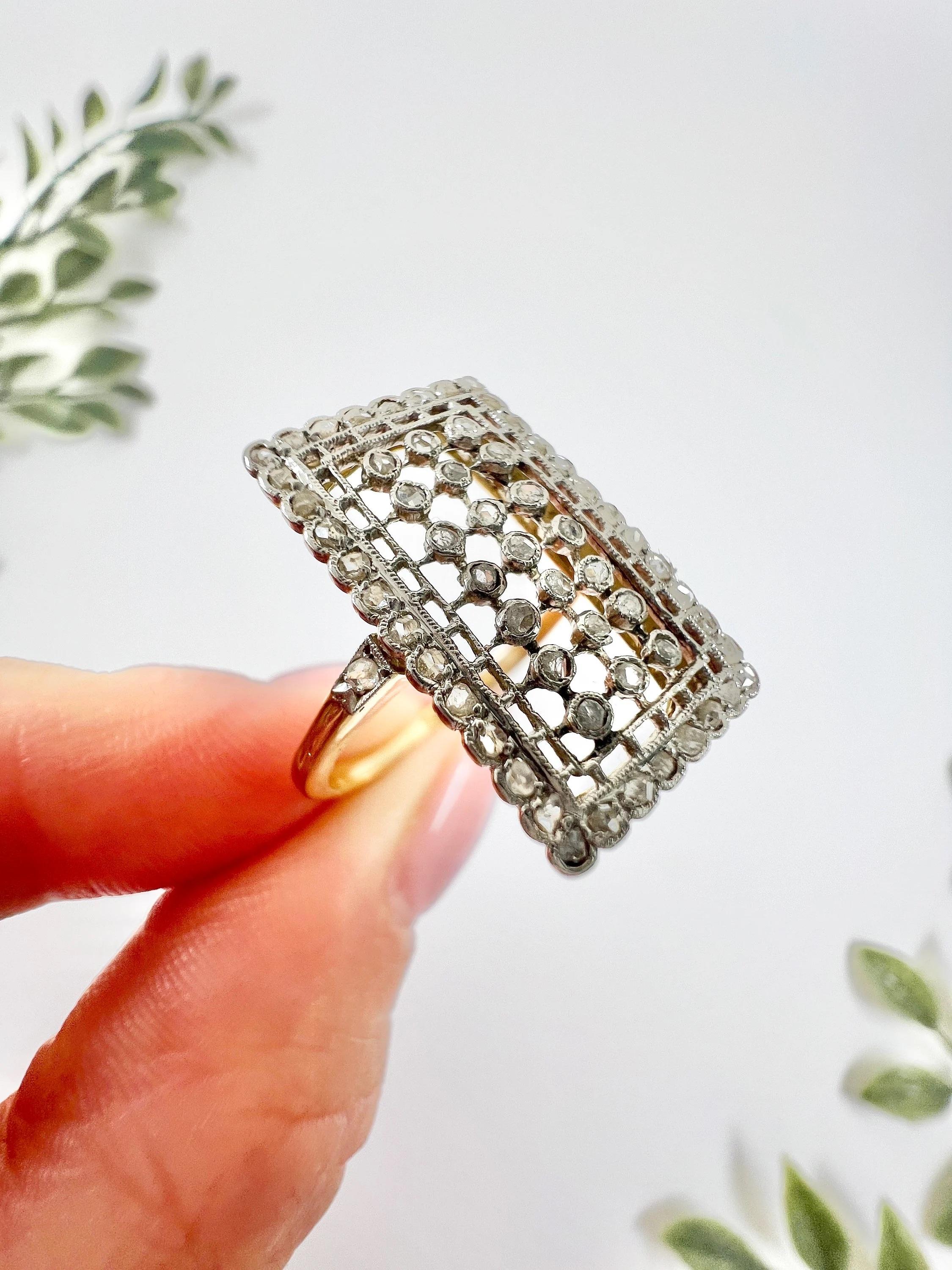 Antique 18ct Gold & Platinum, Edwardian Rectangular Diamond Plaque Ring For Sale 4