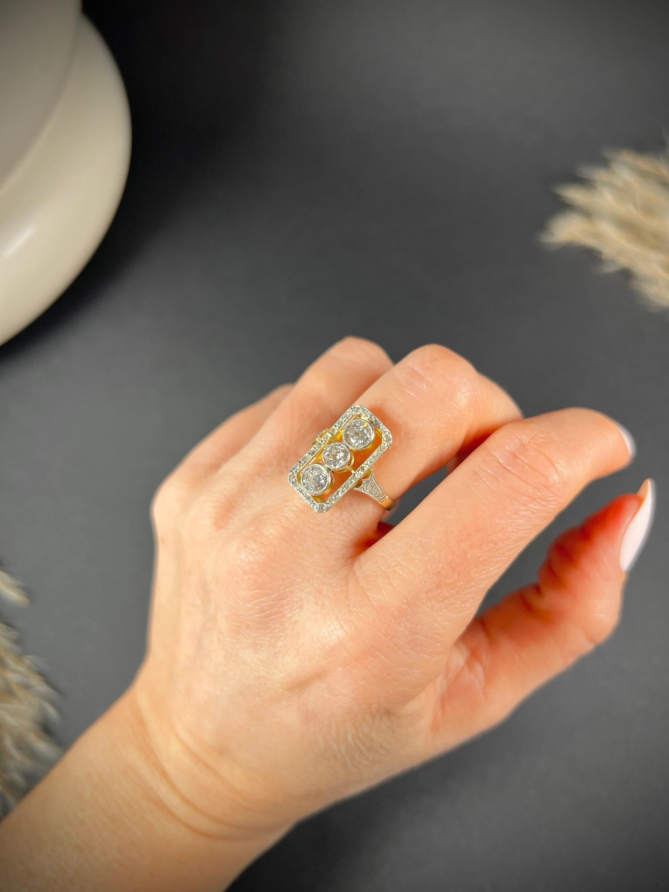 Old European Cut Antique 18ct Gold & Platinum Edwardian Rectangular Diamond Ring For Sale