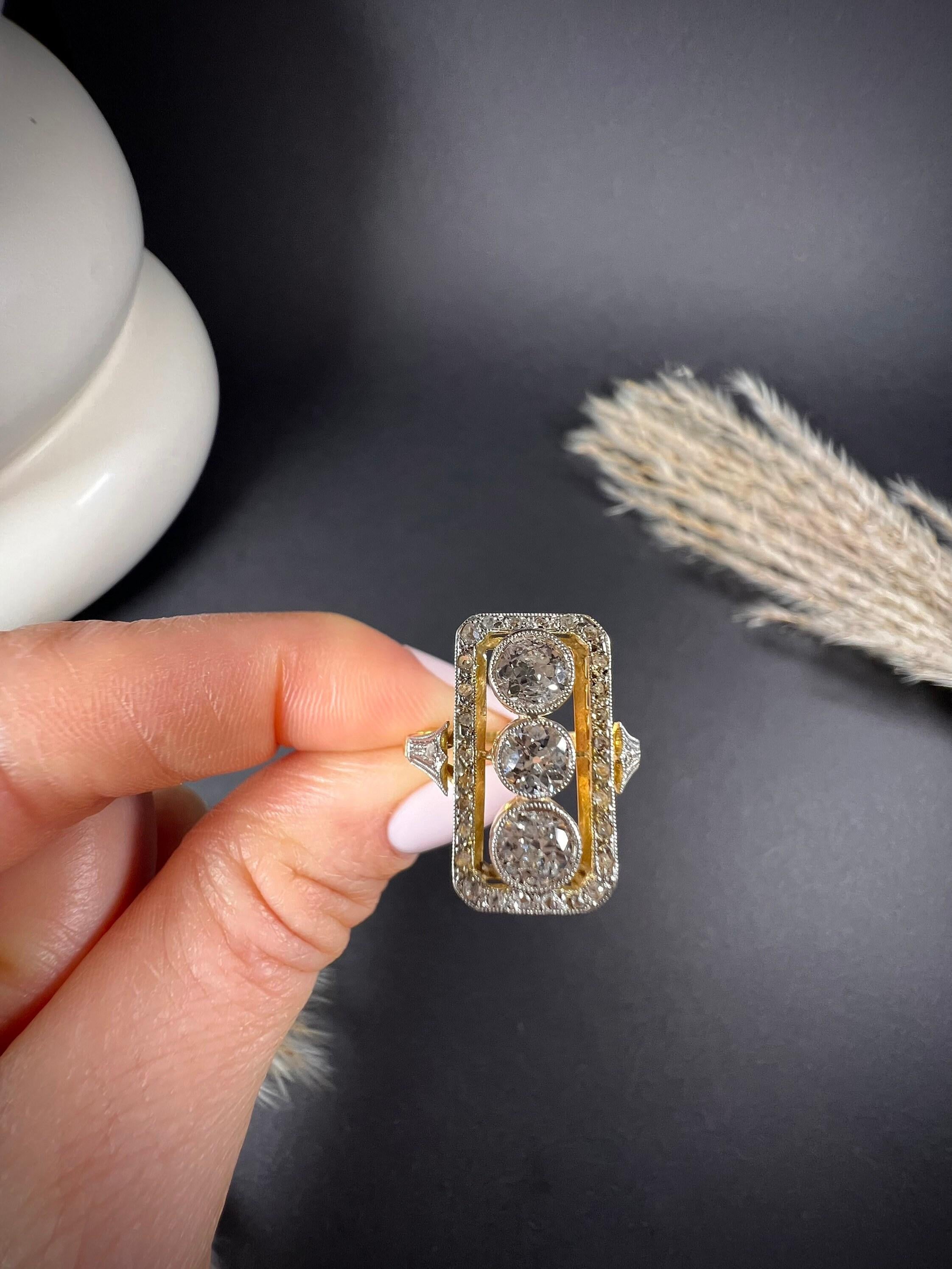 Antique 18ct Gold & Platinum Edwardian Rectangular Diamond Ring For Sale 4