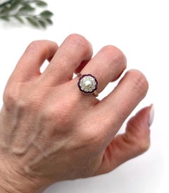 Antique 18ct Gold & Platinum, Edwardian Ruby, Diamond and Pearl Daisy Ring