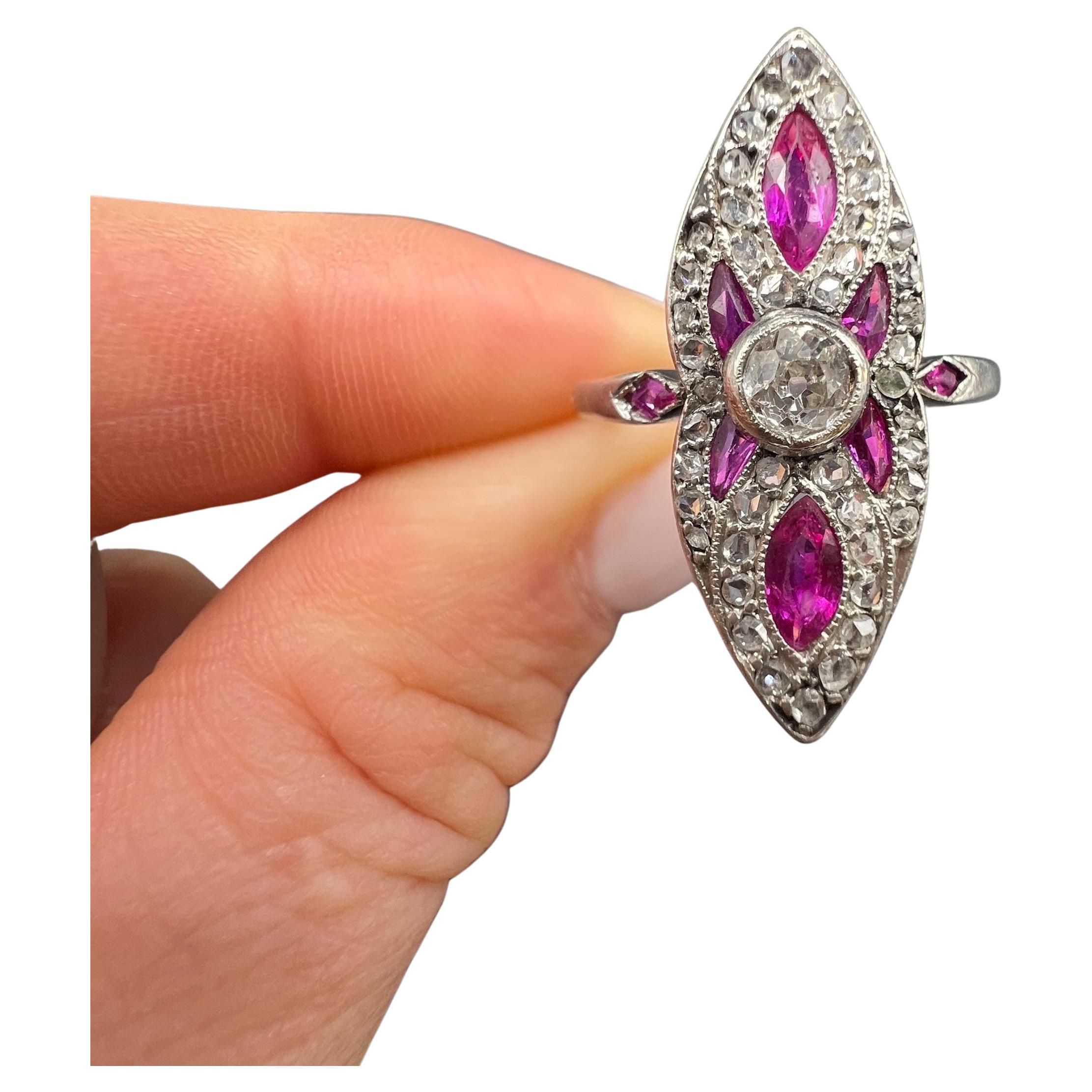Antique 18ct Gold & Platinum Edwardian Ruby Diamond Marquise/Navette Shaped Ring