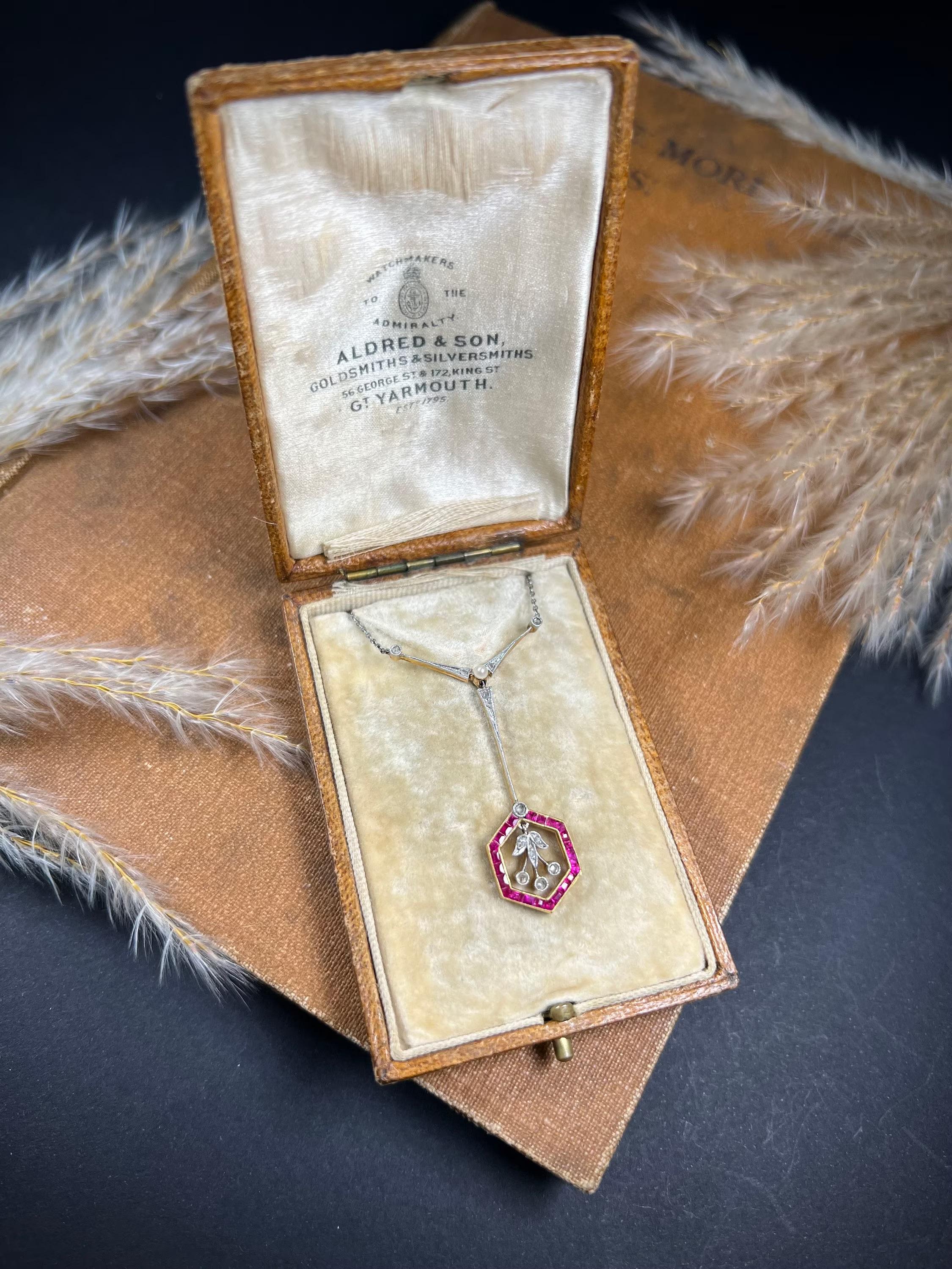 Antique 18ct Gold & Platinum Edwardian, Ruby, Diamond, Pearl Pendant Necklace For Sale 5