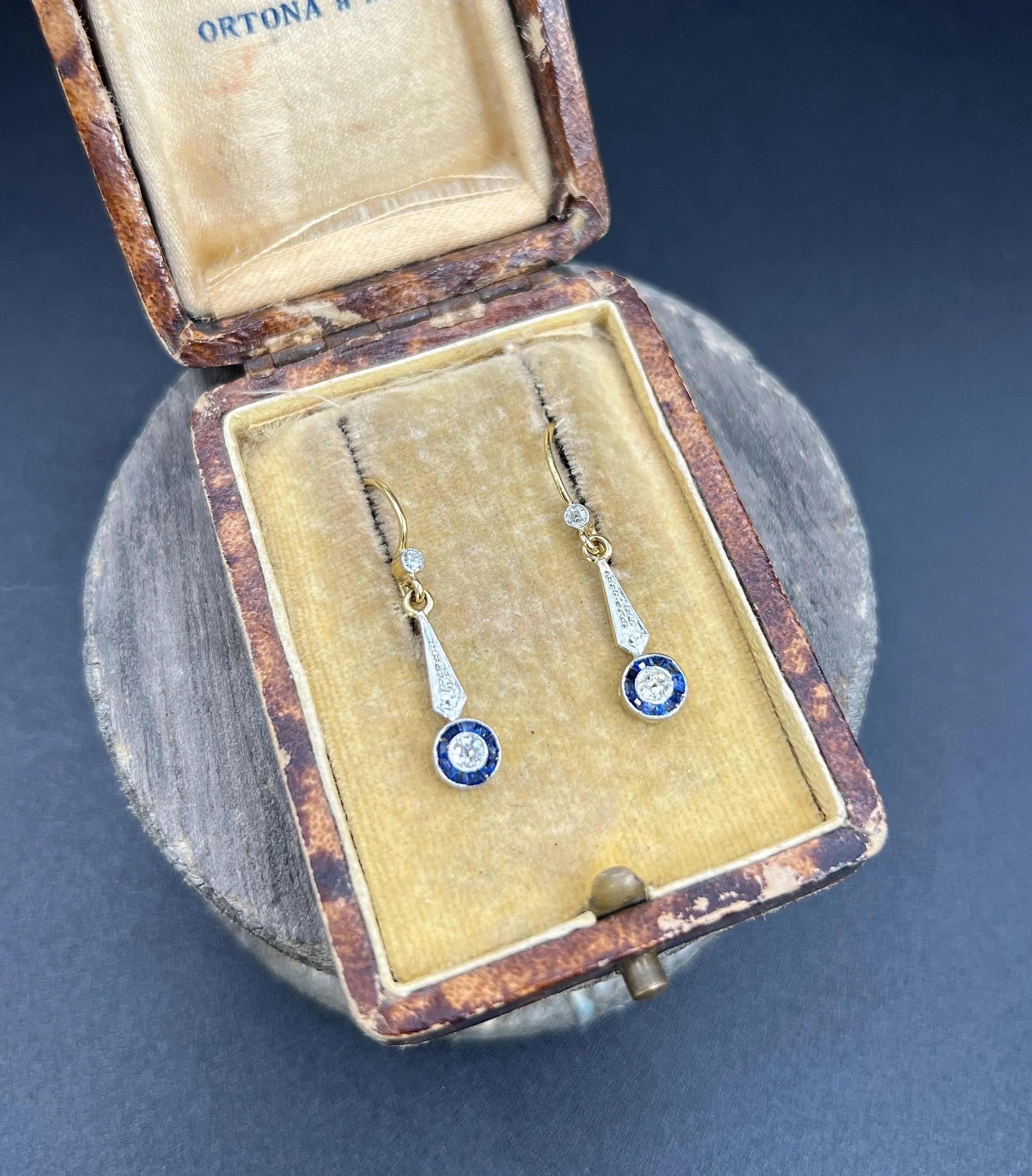 Orecchini antichi in oro 18ct e platino di epoca edoardiana con zaffiro e diamante in vendita 2