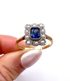 Antique 18ct Gold & Platinum, Edwardian Sapphire and Pearl Rectangular Ring