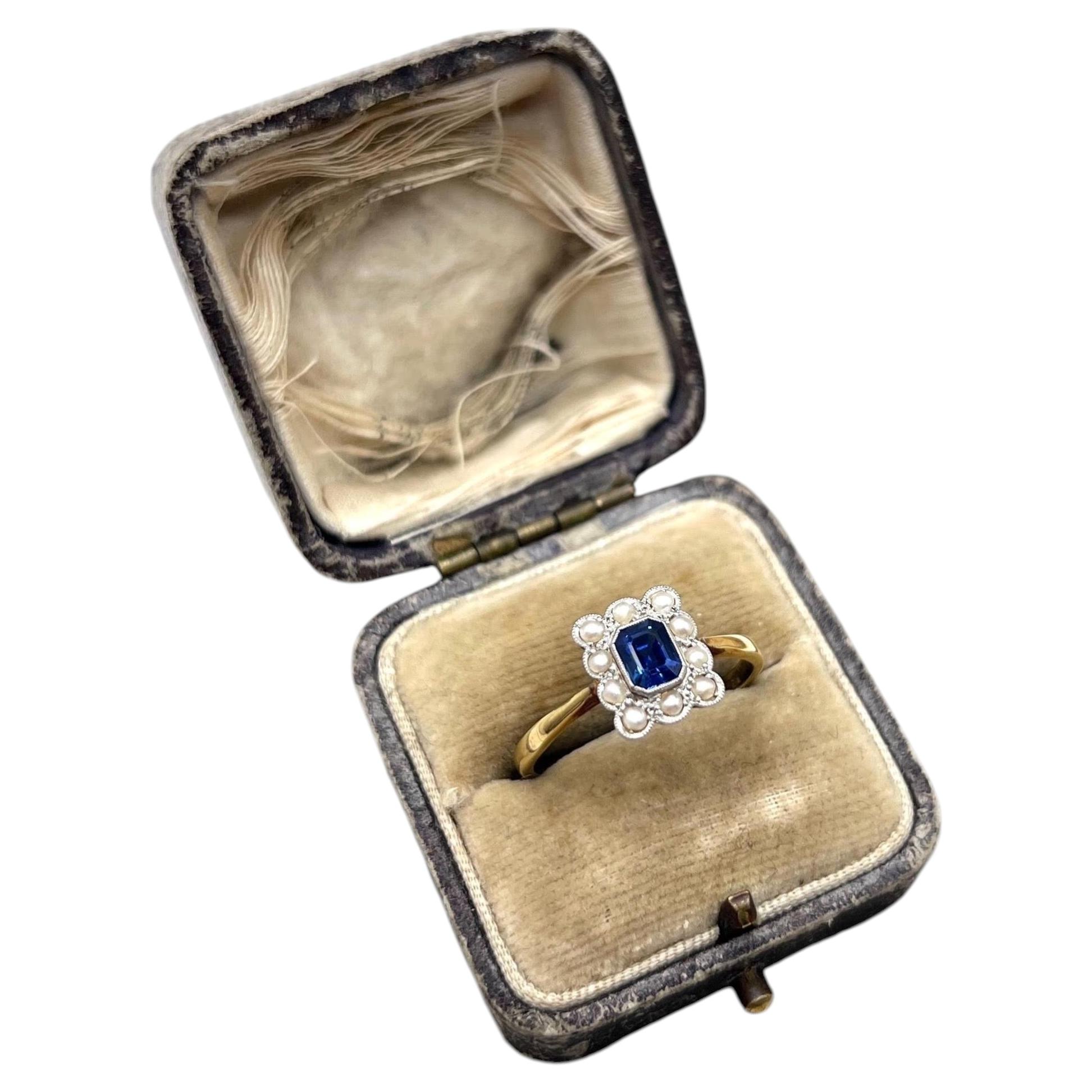 Antique 18ct Gold & Platinum, Edwardian Sapphire and Pearl Rectangular Ring