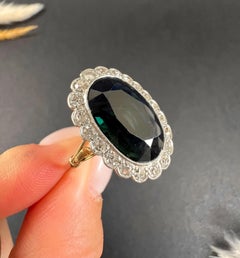 Antique 18ct Gold & Platinum, Edwardian Sapphire Diamond Large Oval Cluster Ring