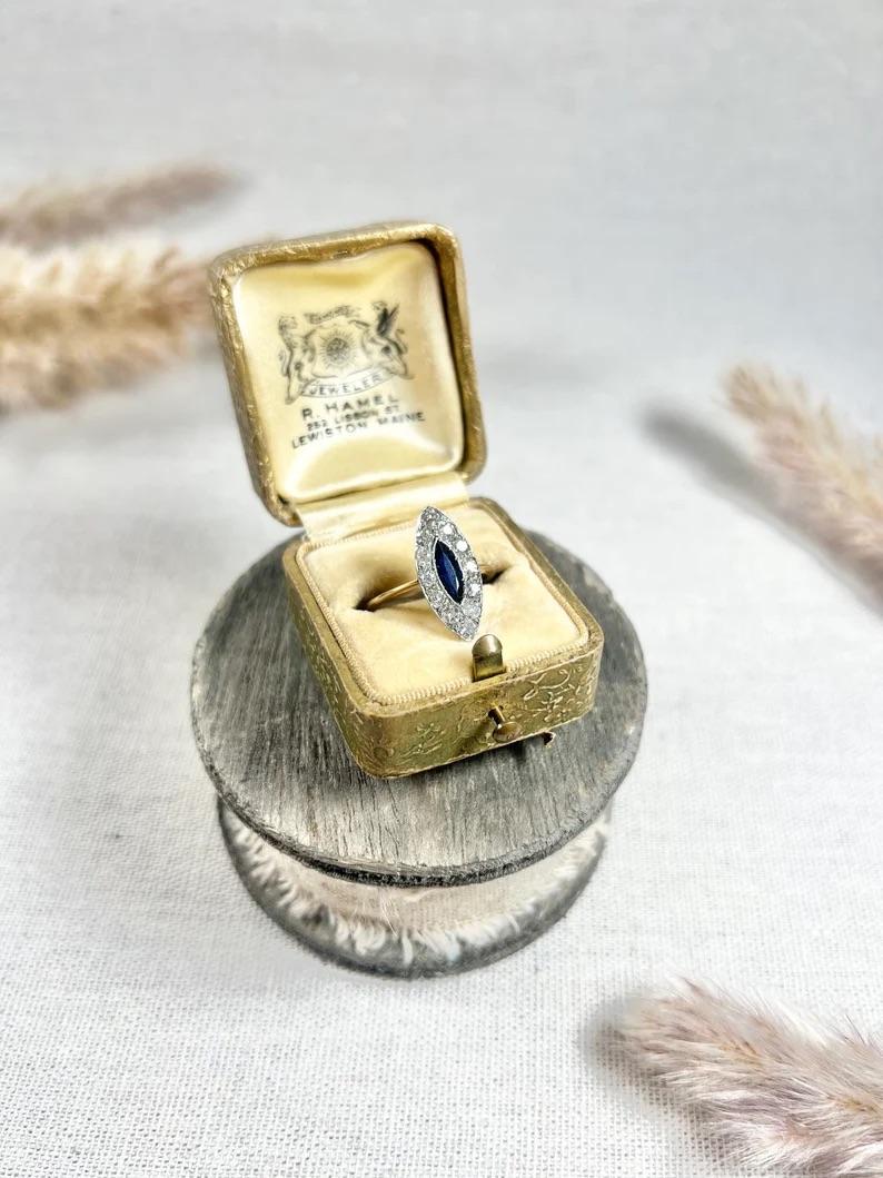 Marquise Cut Antique 18ct Gold & Platinum,  Edwardian Sapphire Diamond Marquise/Navette Ring For Sale