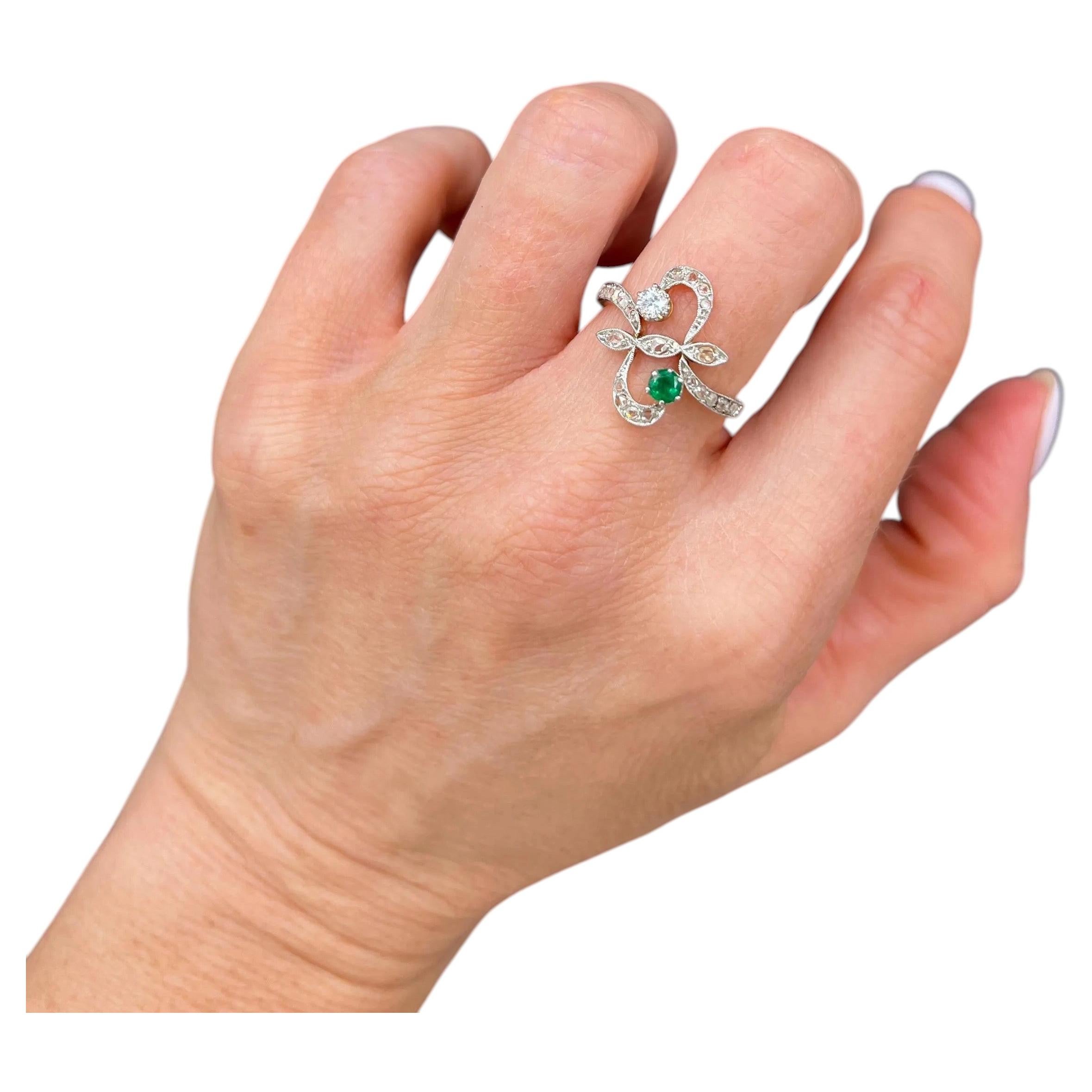 Antique 18ct Gold & Platinum, Emerald and Diamond Belle Époque Ring For Sale